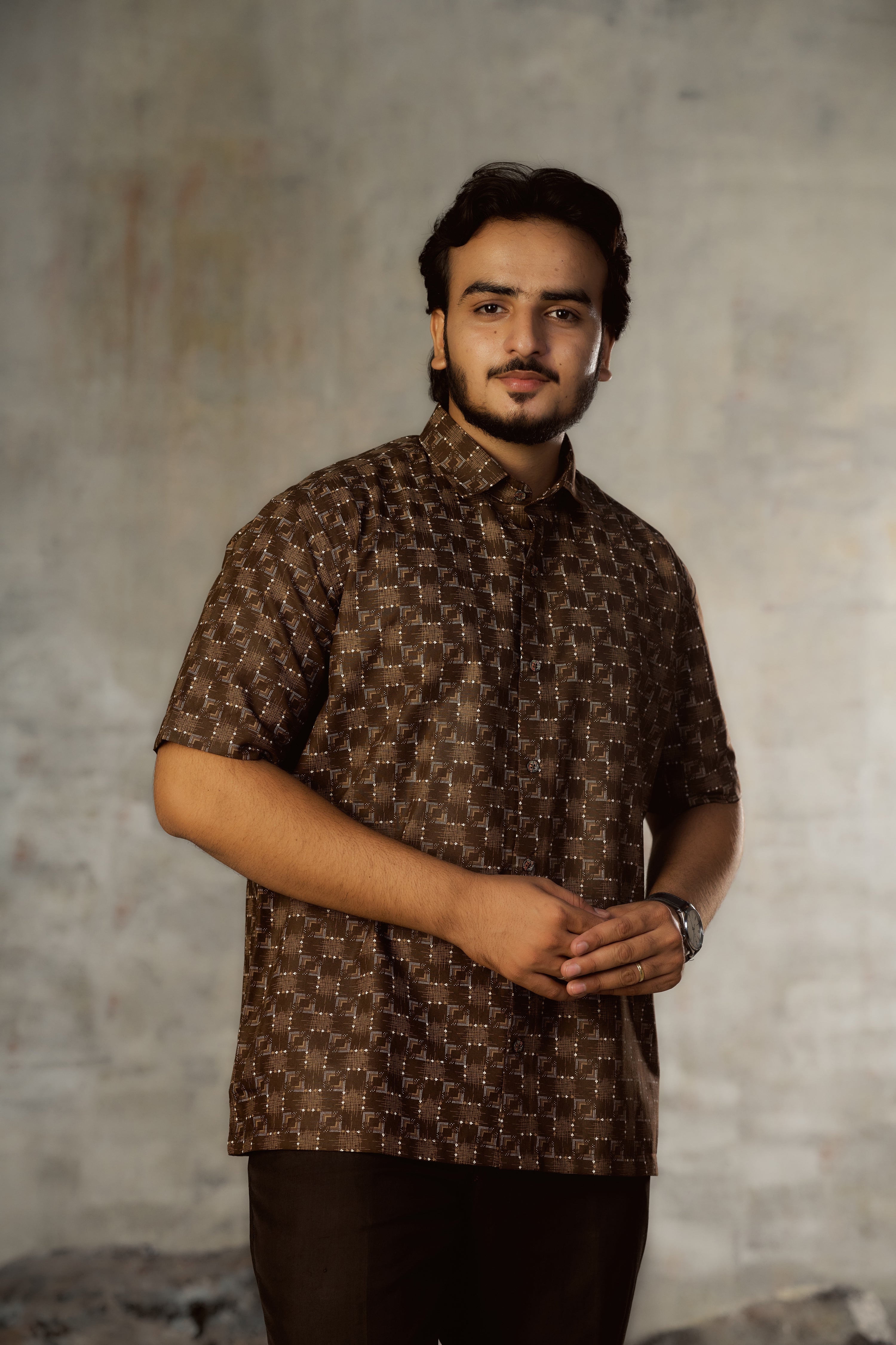 Mensoline Men's Brown Geometric Check Printed Shirt.