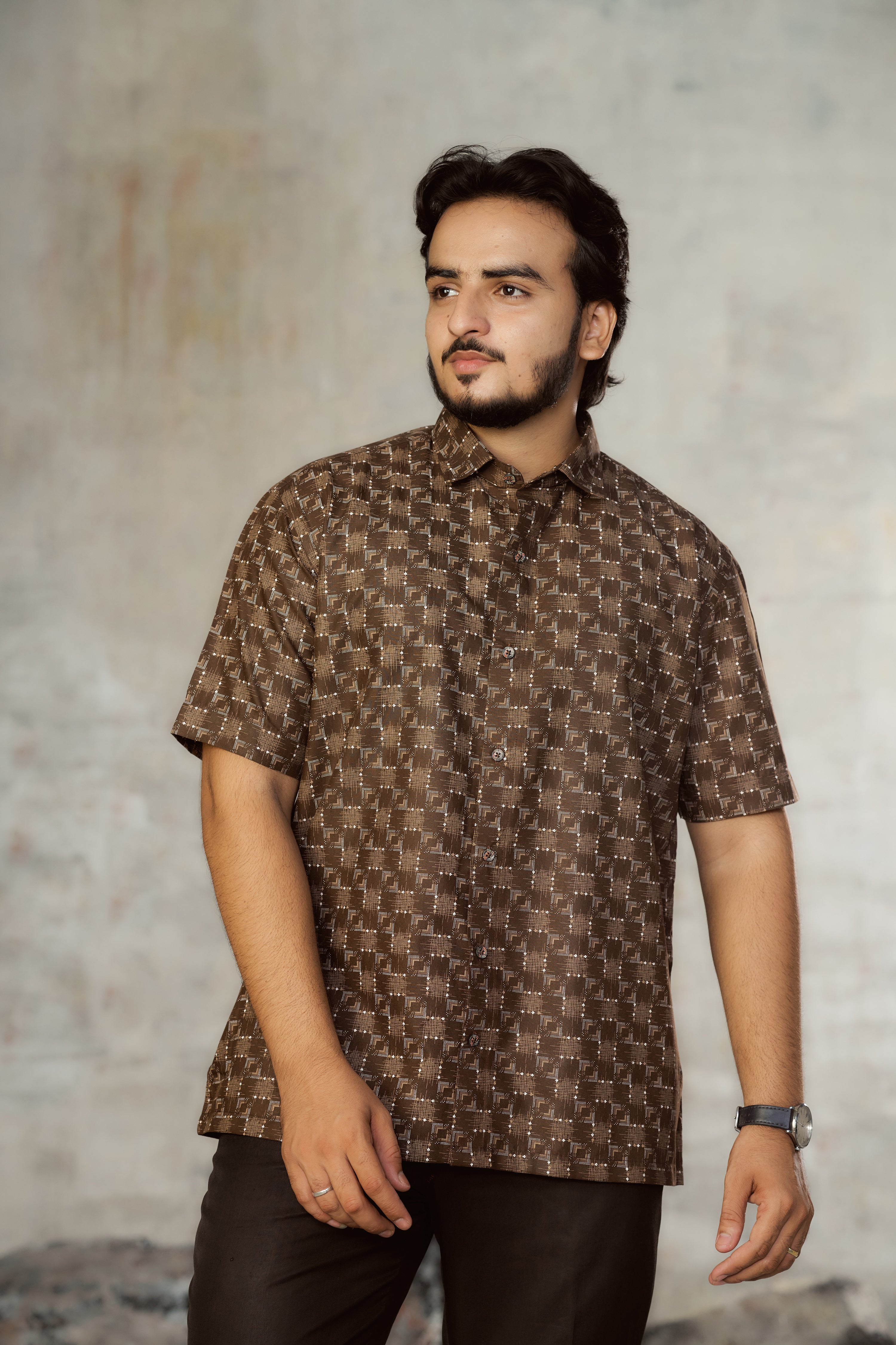 Mensoline Men's Brown Geometric Check Printed Shirt.