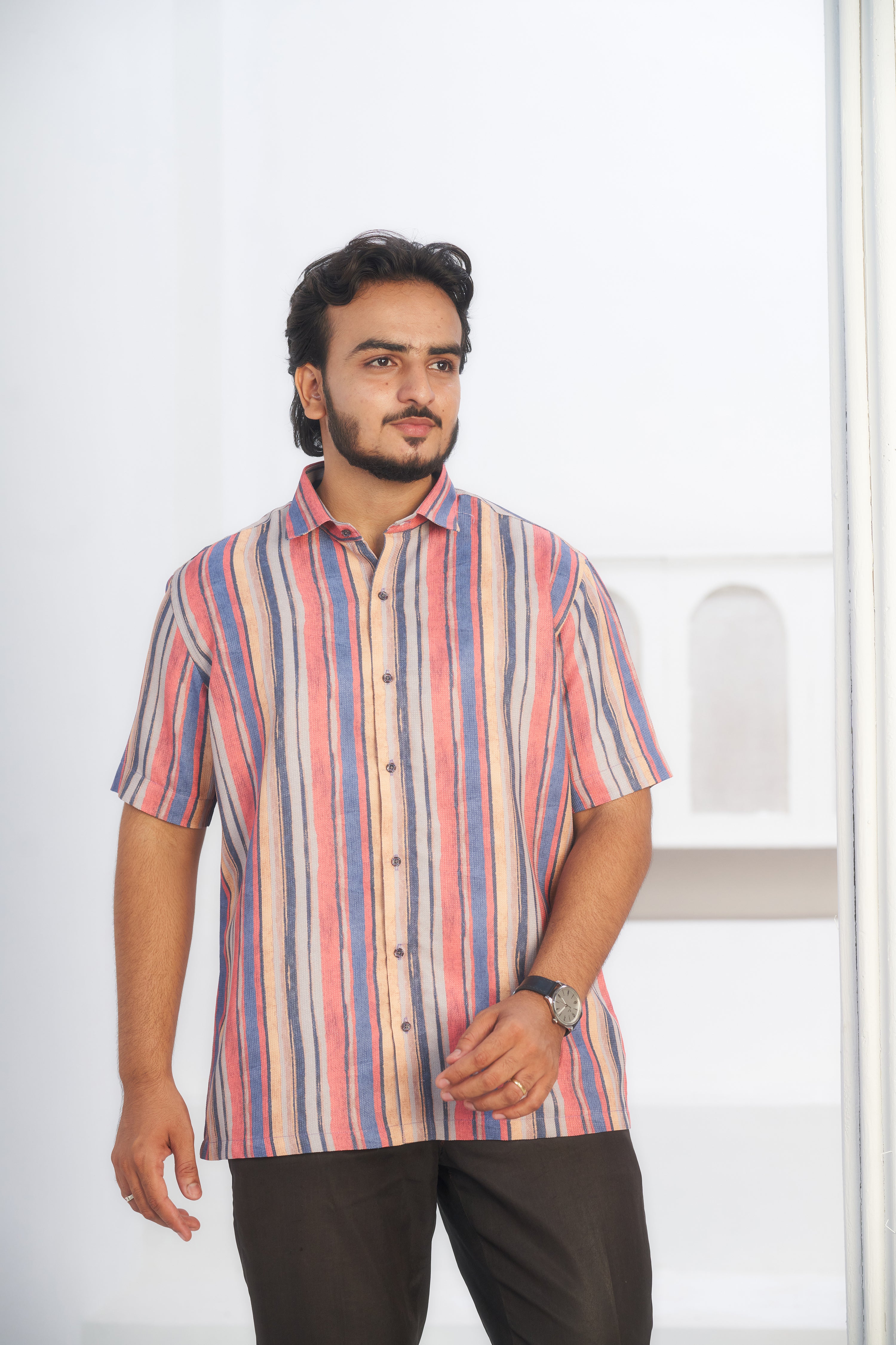 Mensoline Men's Multicolor Vertical Striped Lightweight Shirt.