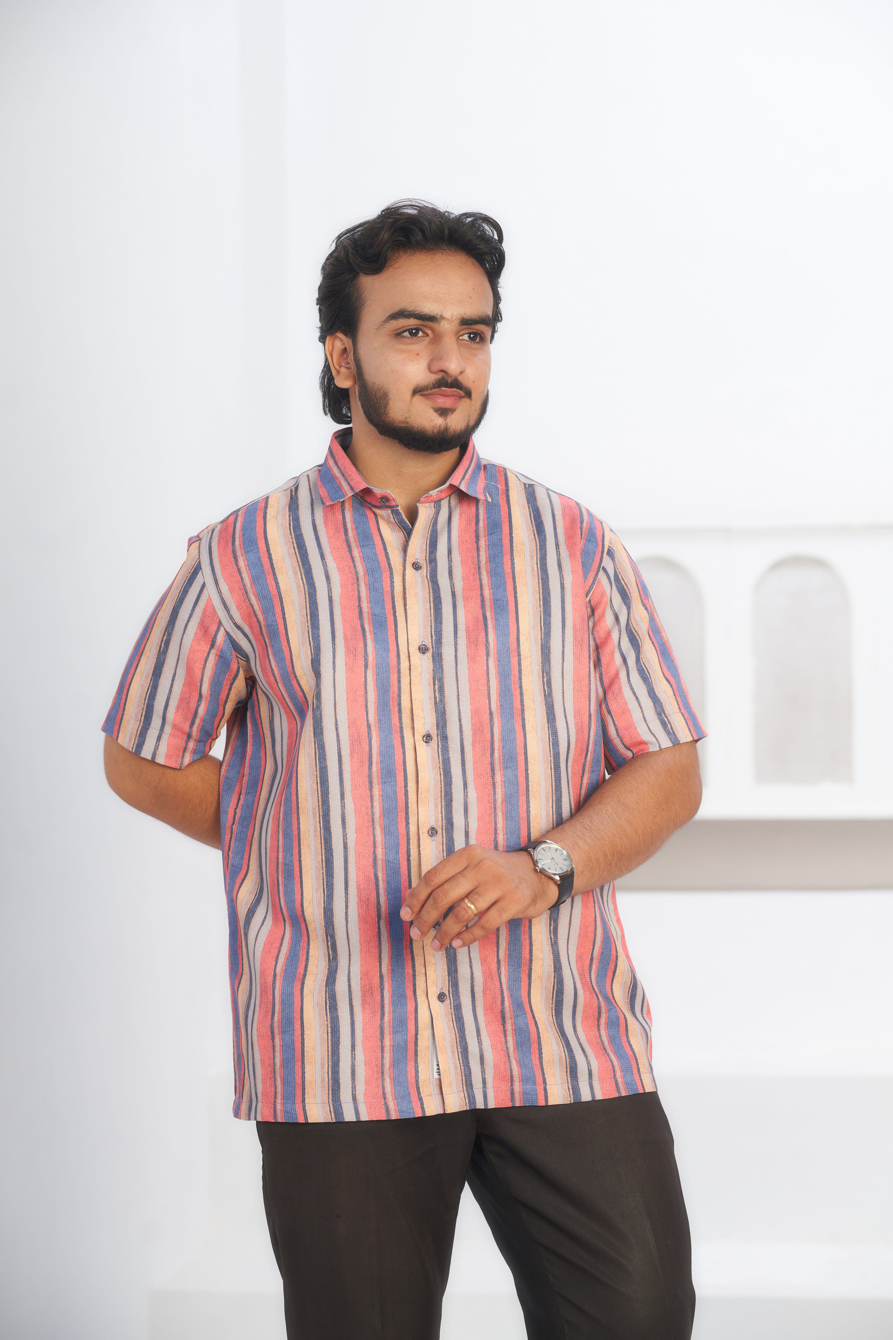 Mensoline Men's Multicolor Vertical Striped Lightweight Shirt.