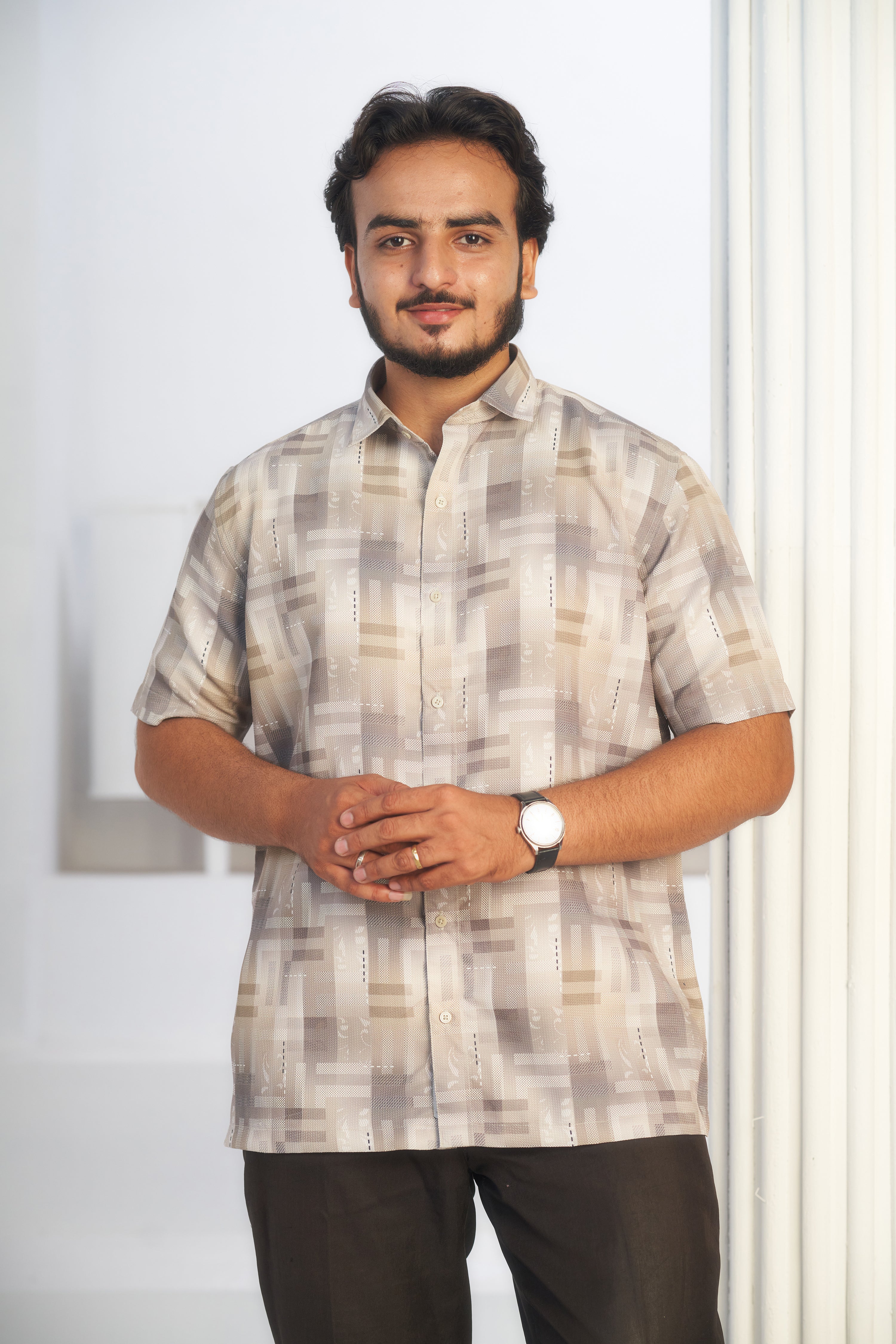 Mensoline Beige Geometric Textured Blend Shirt for Men.