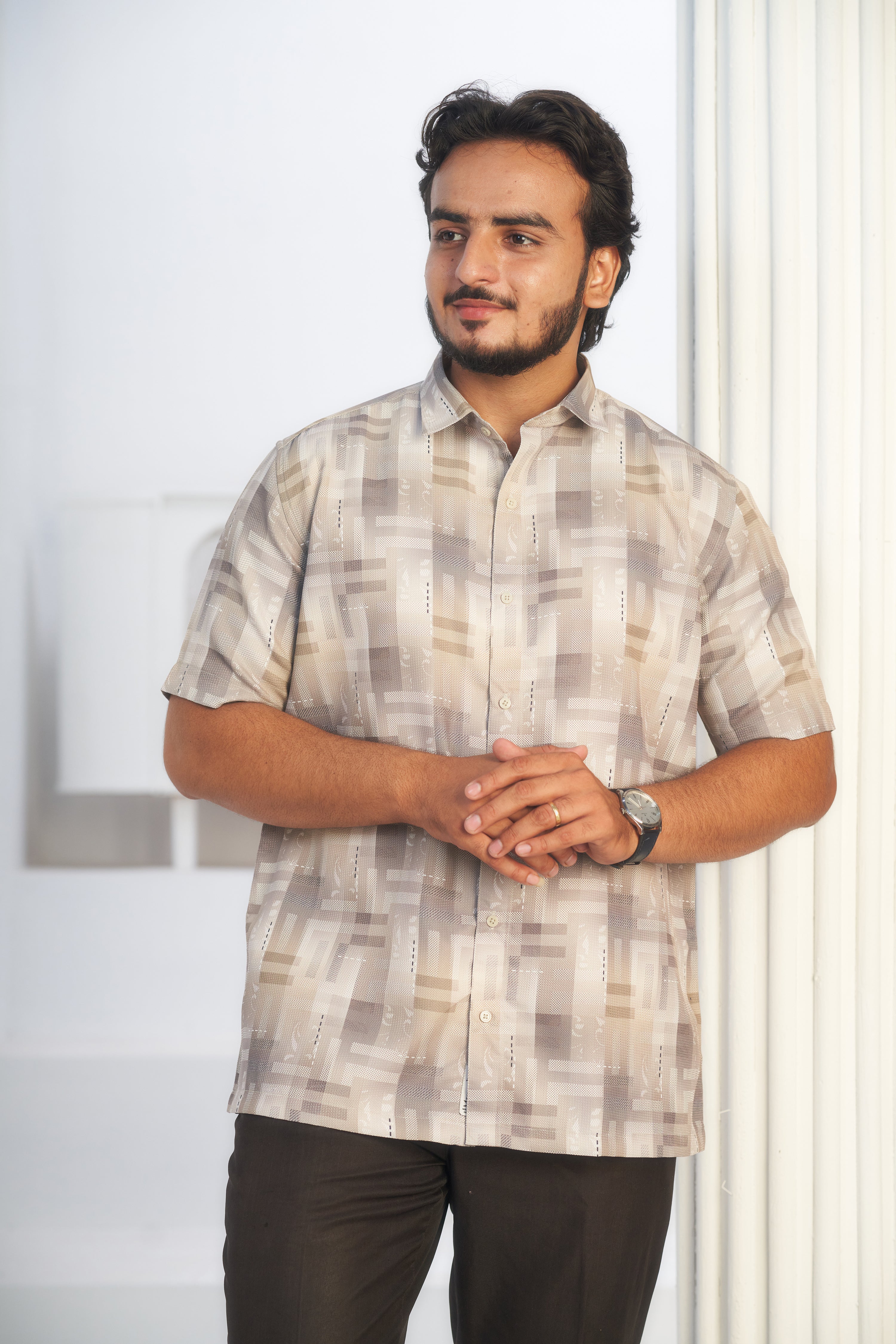 Mensoline Beige Geometric Textured Blend Shirt for Men.