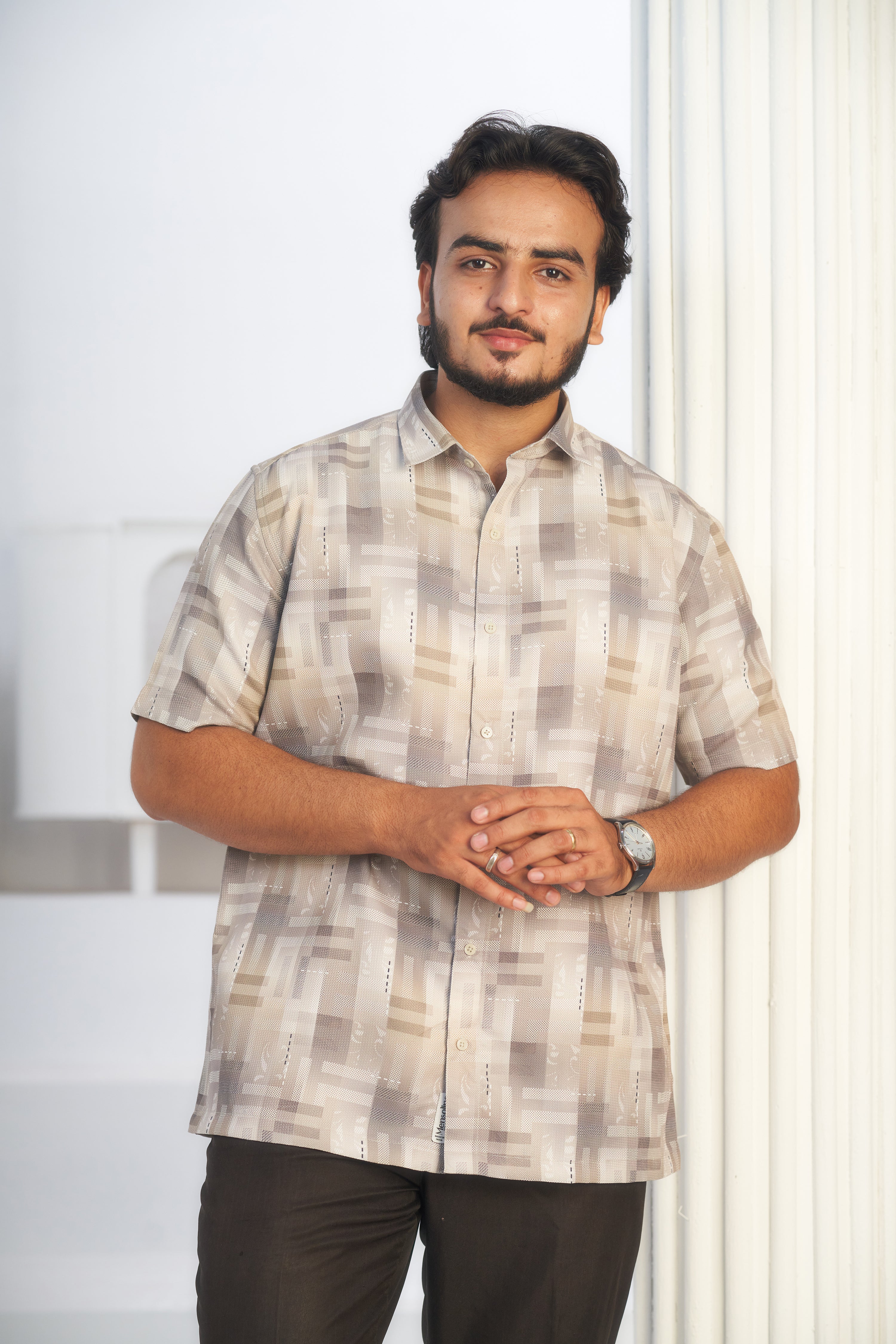 Mensoline Beige Geometric Textured Blend Shirt for Men.