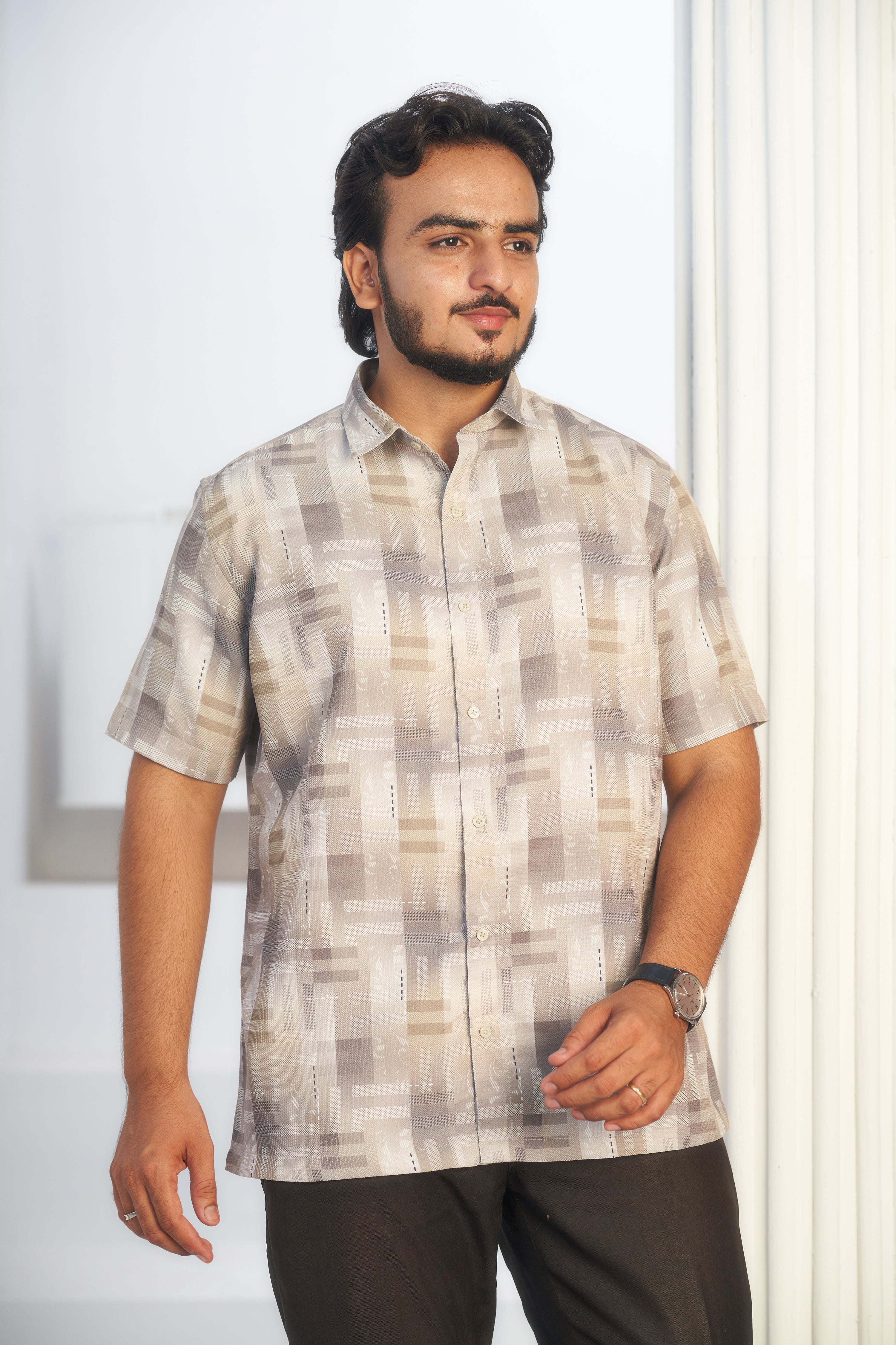 Mensoline Beige Geometric Textured Blend Shirt for Men.
