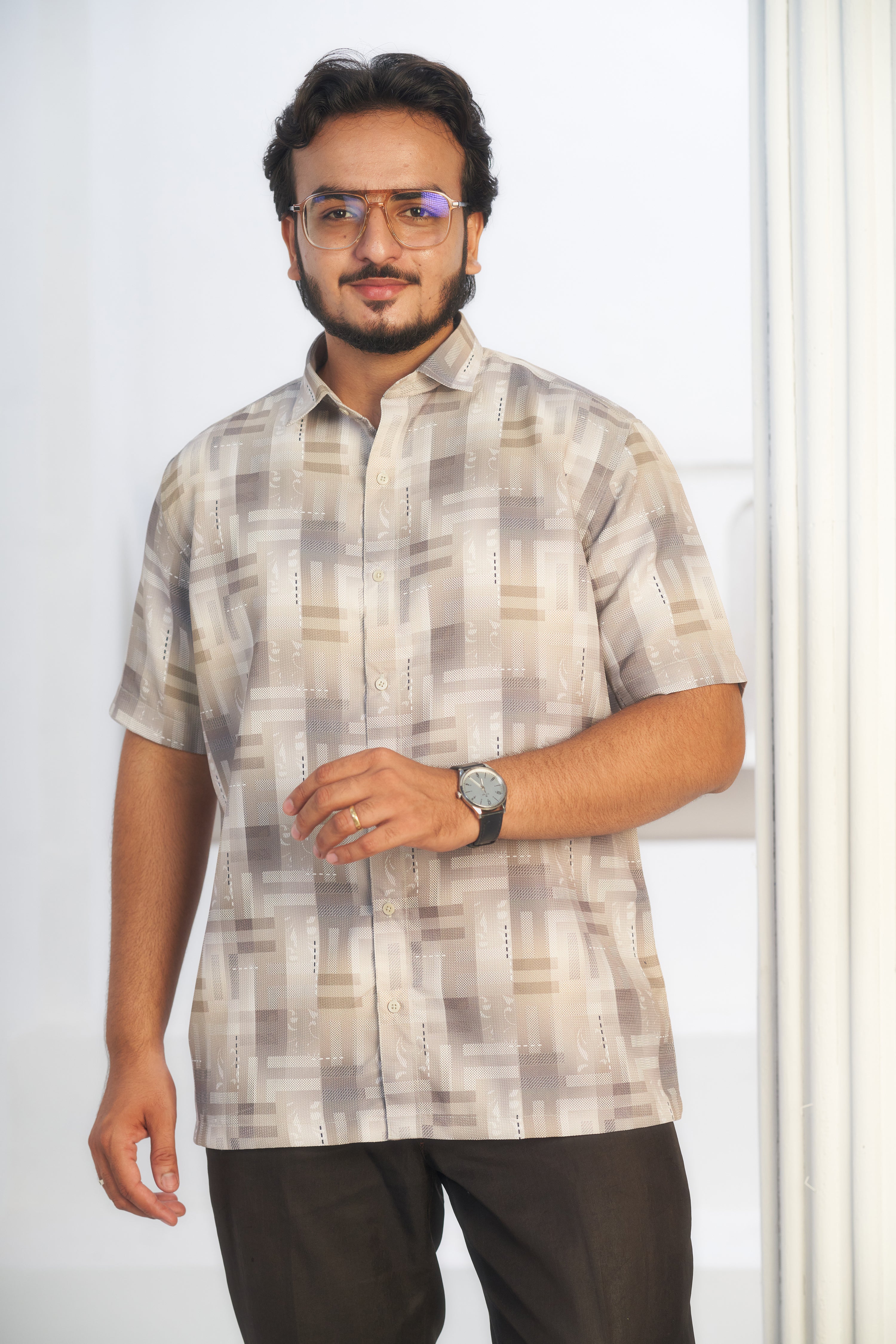 Mensoline Beige Geometric Textured Blend Shirt for Men.