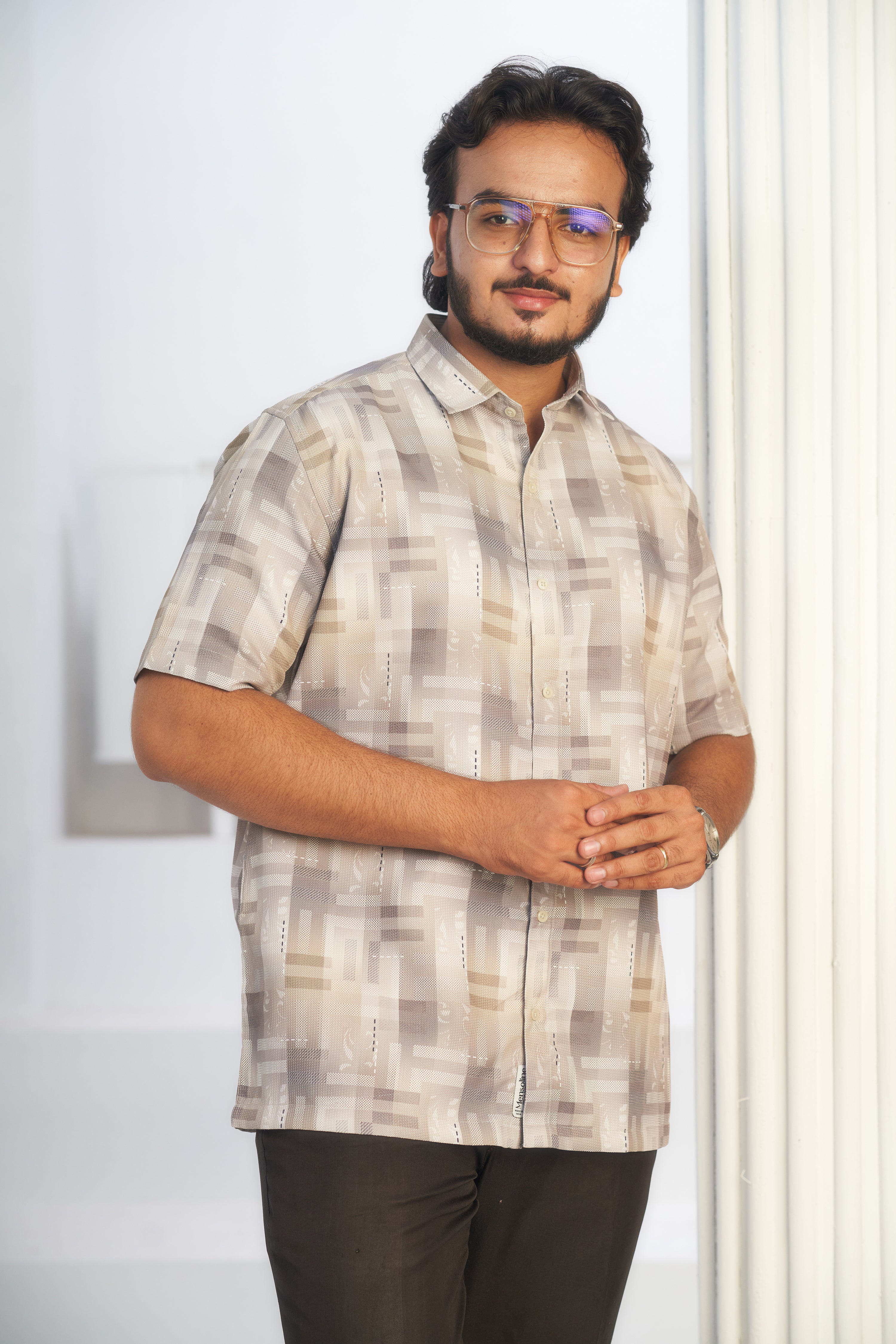 Mensoline Beige Geometric Textured Blend Shirt for Men.