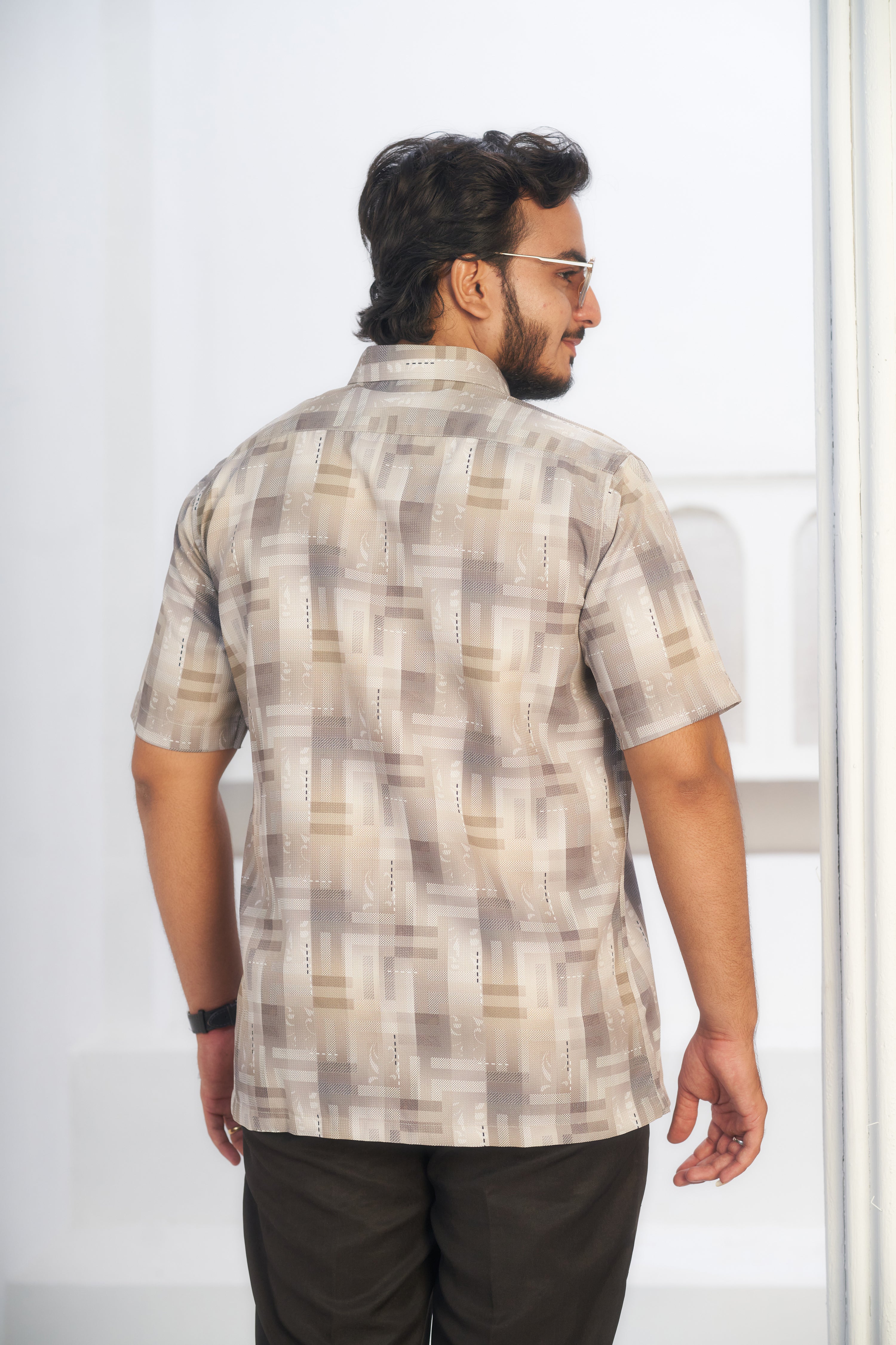 Mensoline Beige Geometric Textured Blend Shirt for Men.