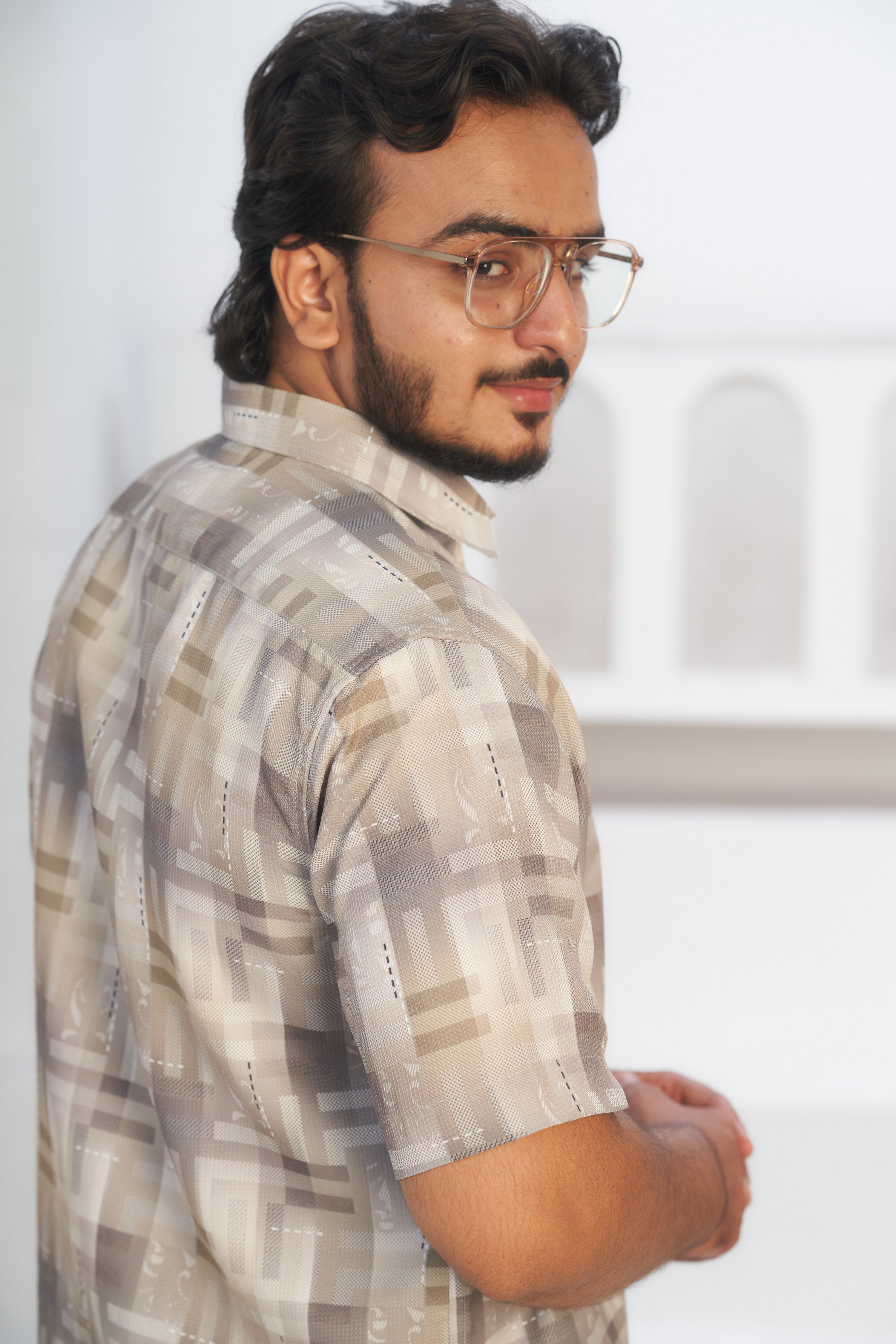 Mensoline Beige Geometric Textured Blend Shirt for Men.