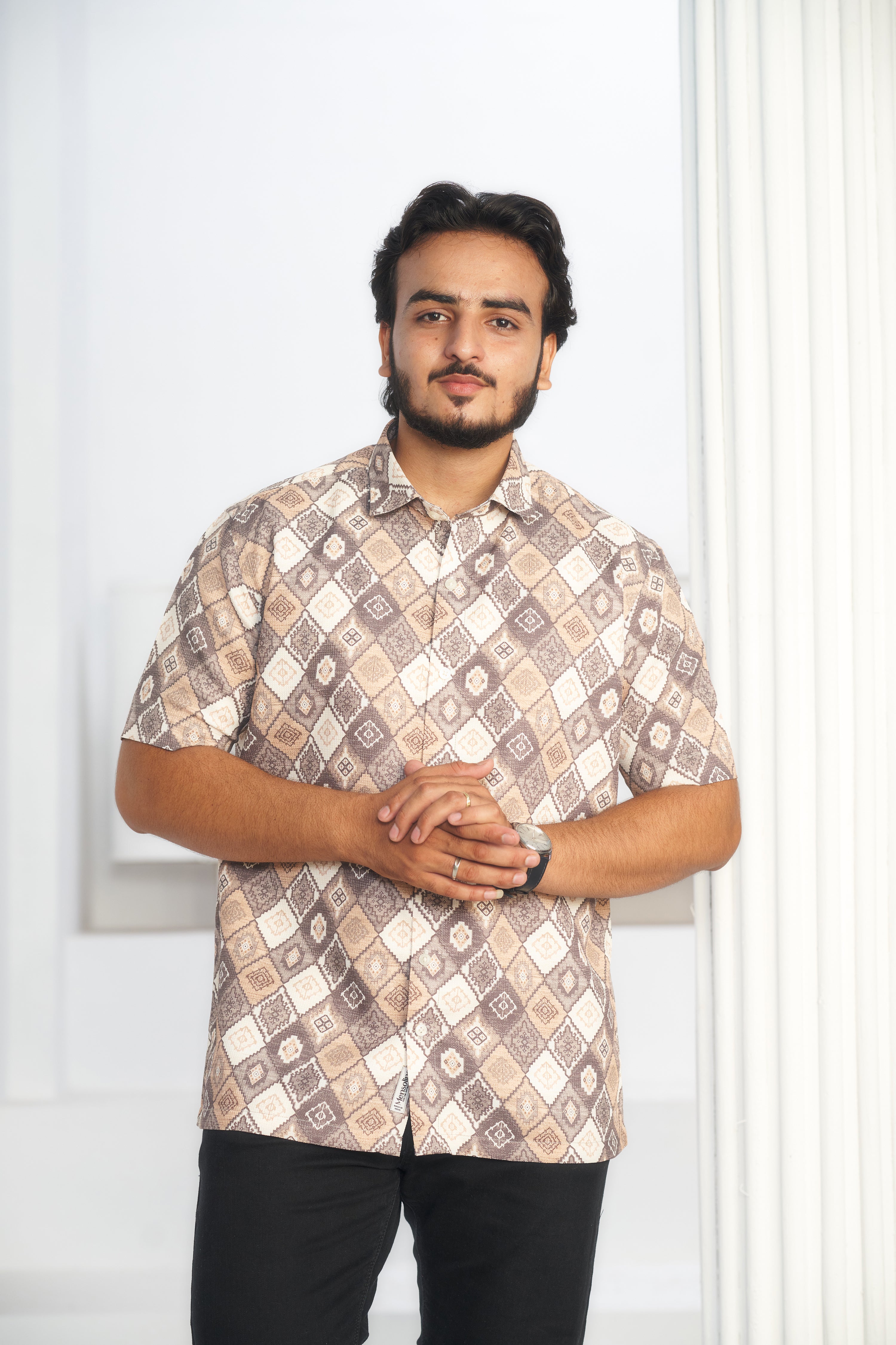 Mensoline Men's Geometric Diamond Print Blend Shirt