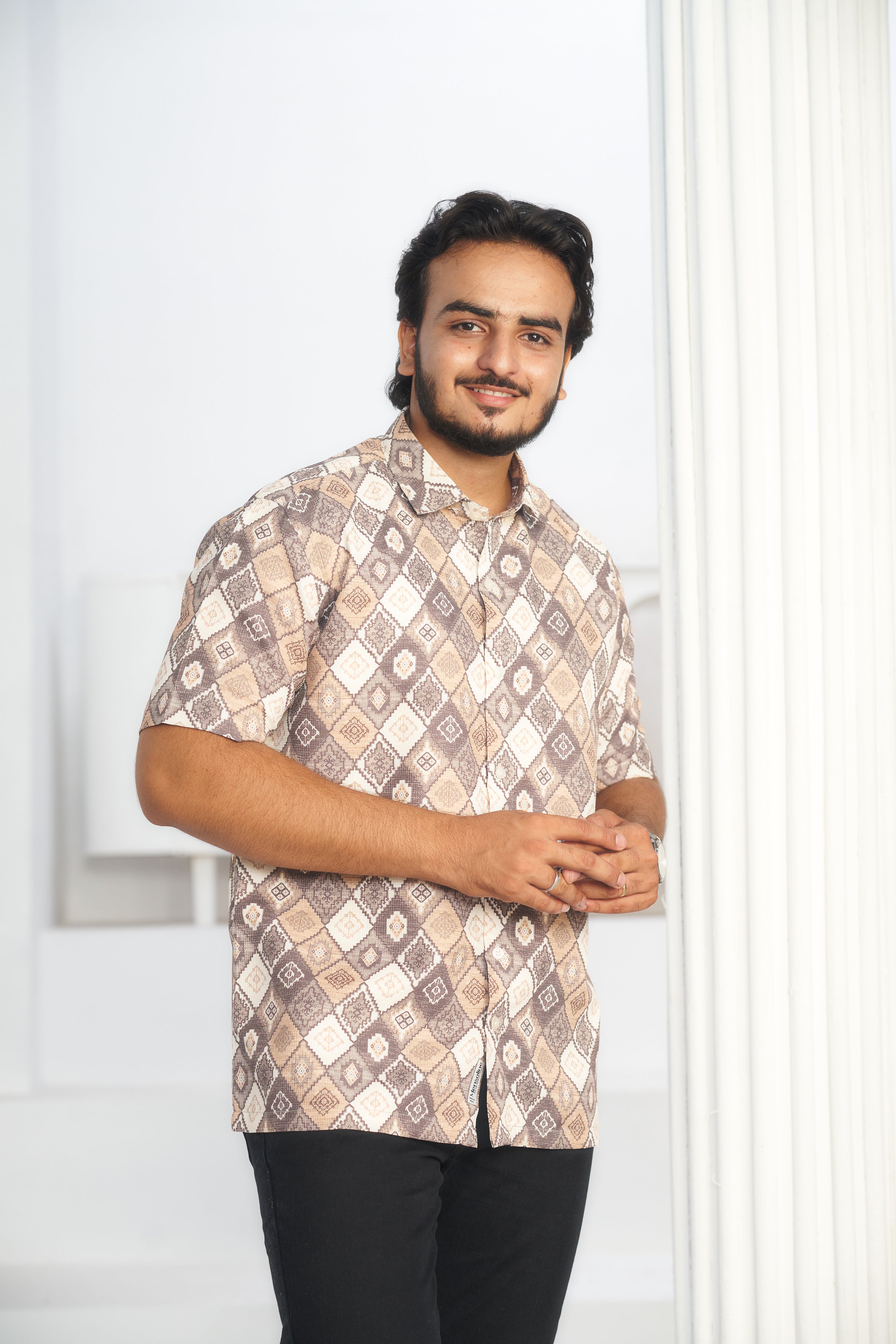 Mensoline Men's Geometric Diamond Print Blend Shirt