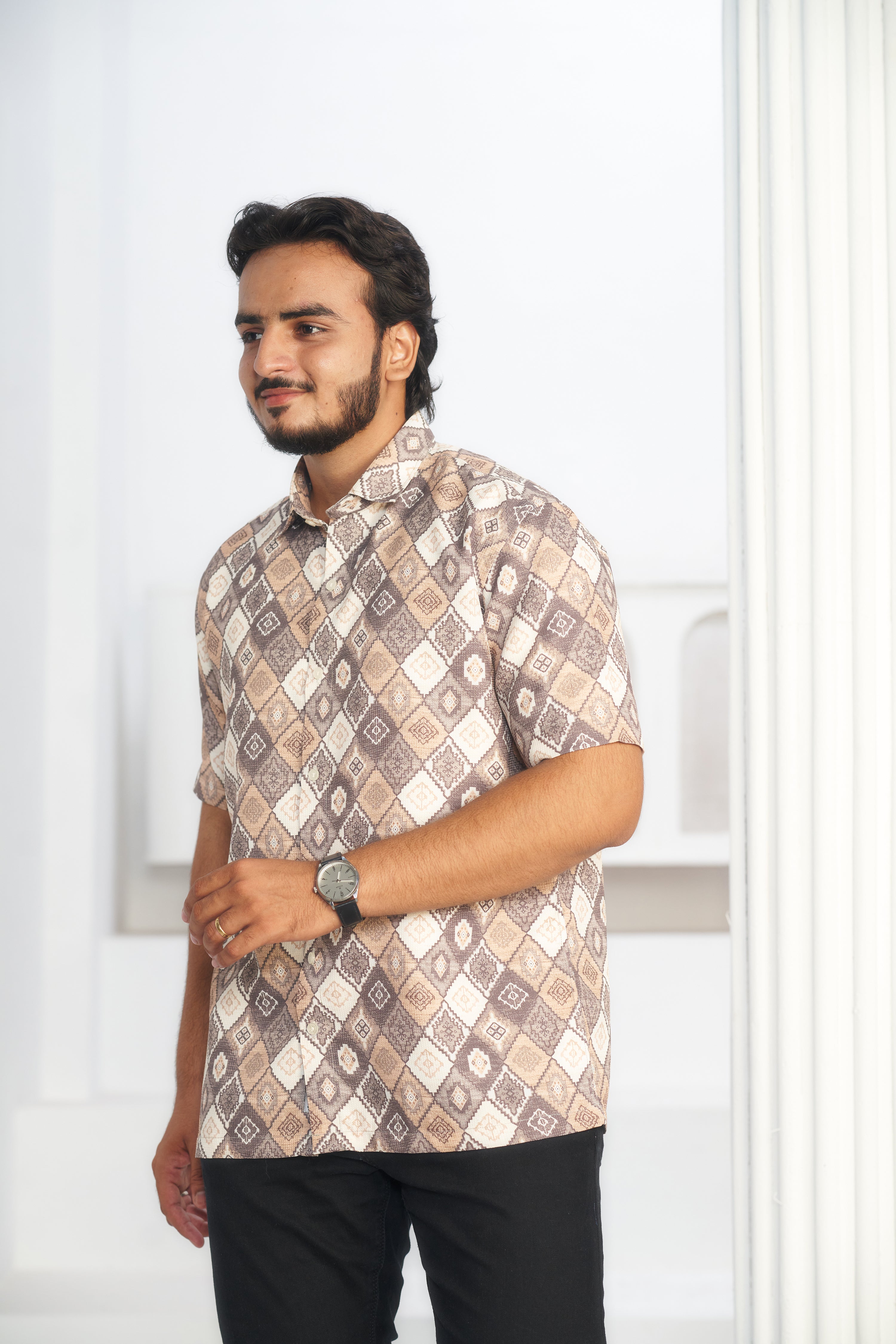 Mensoline Men's Geometric Diamond Print Blend Shirt