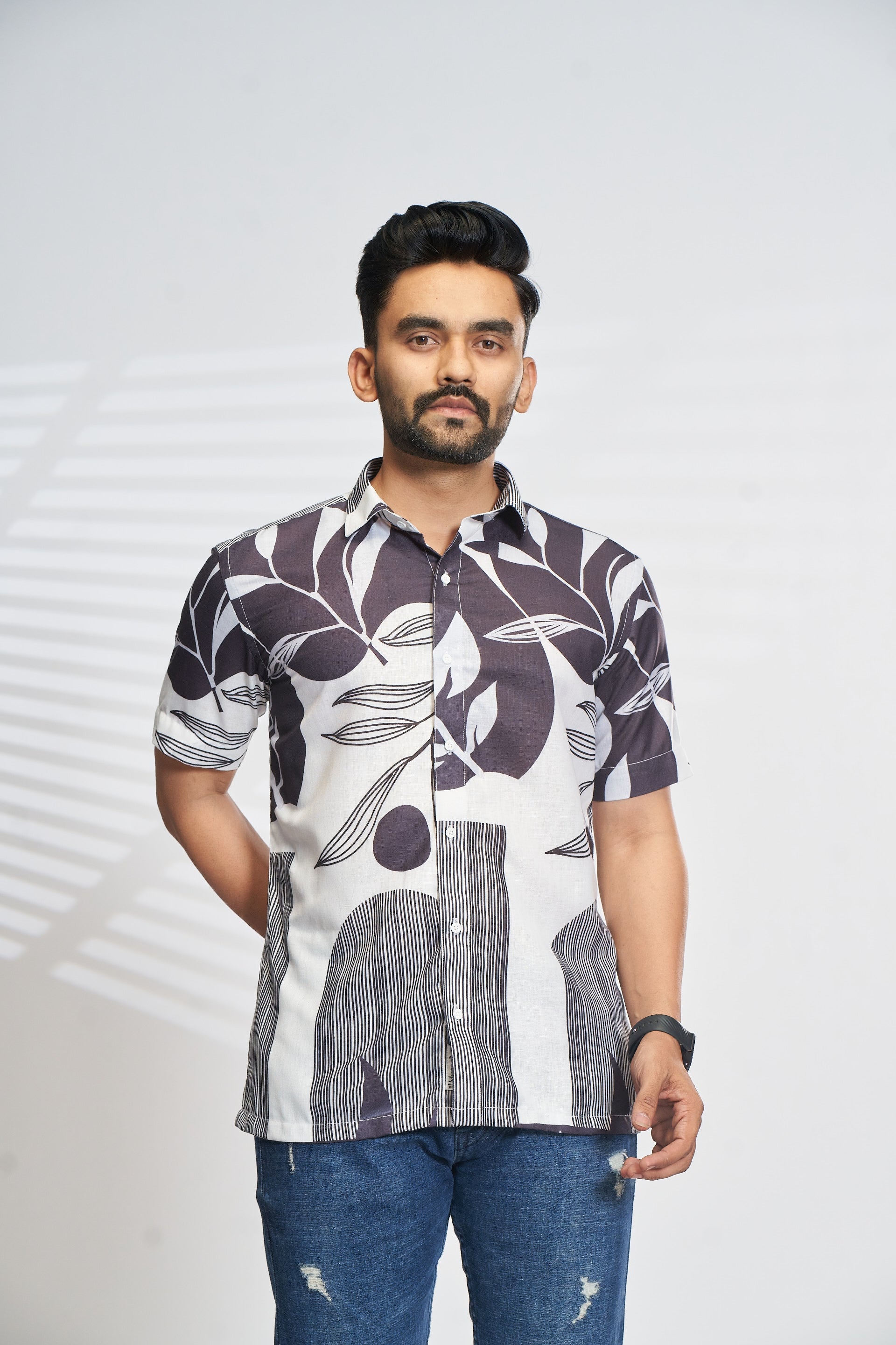 Mensoline Monochrome Leaf Print Casual Shirt.