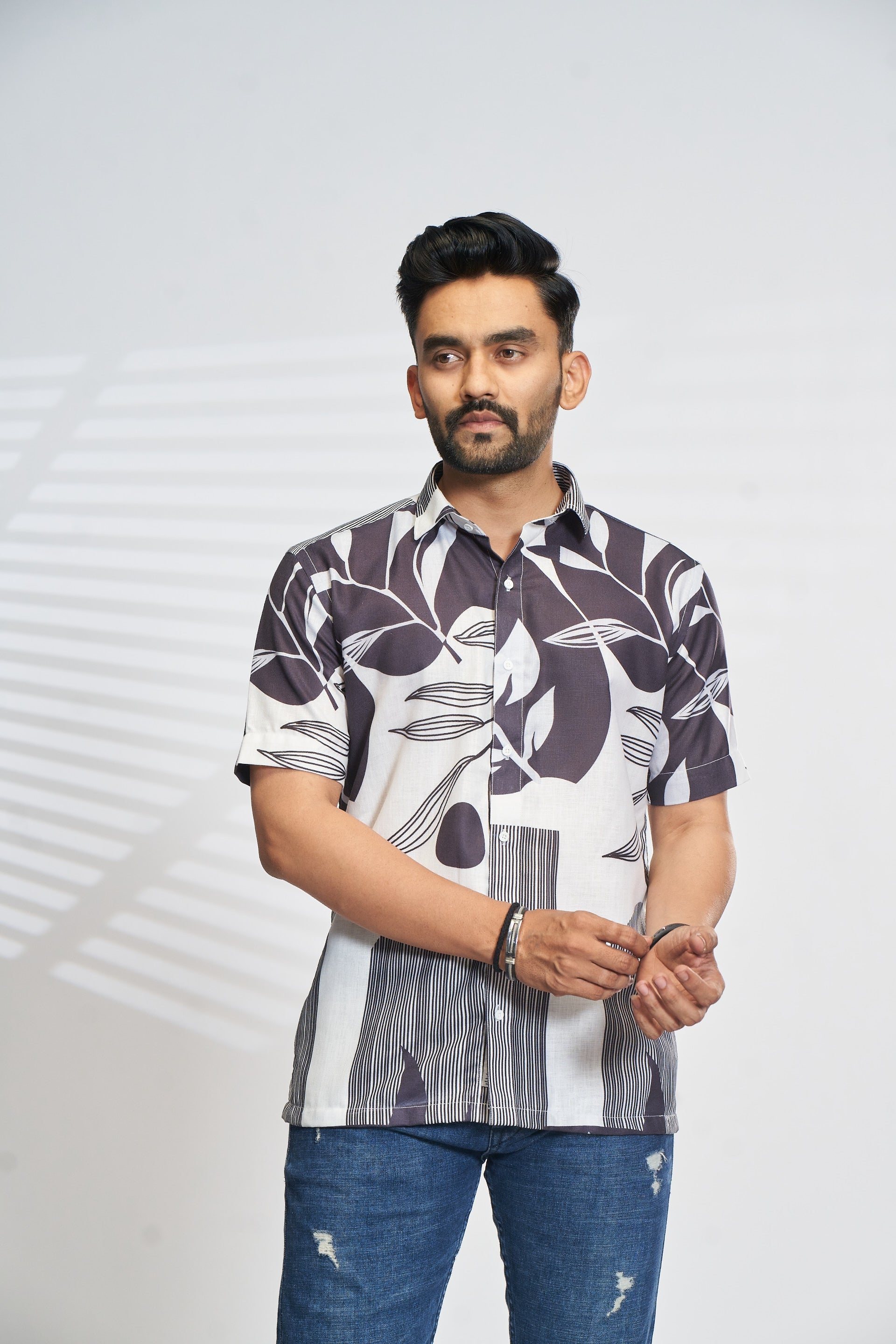 Mensoline Monochrome Leaf Print Casual Shirt.
