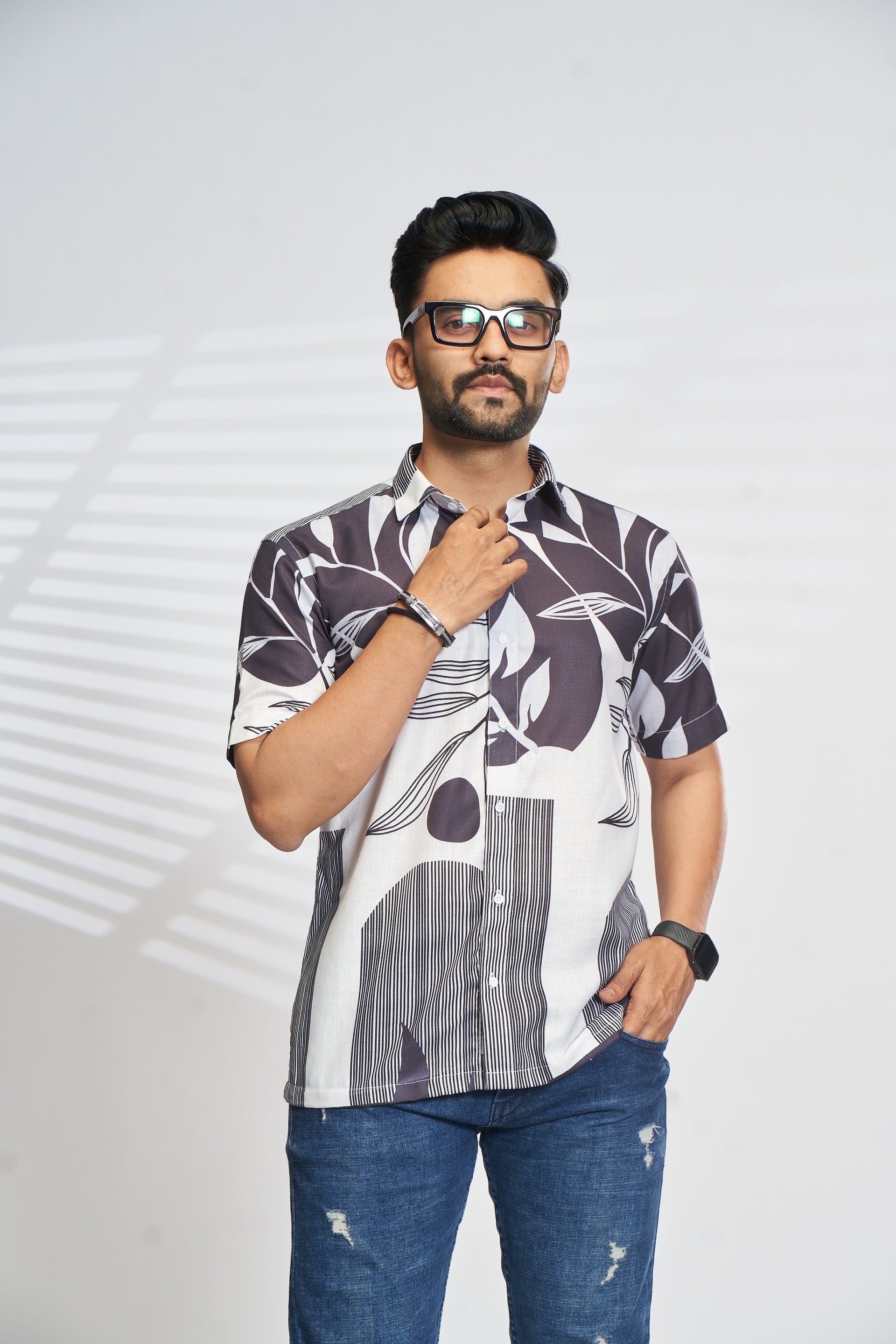 Mensoline Monochrome Leaf Print Casual Shirt.