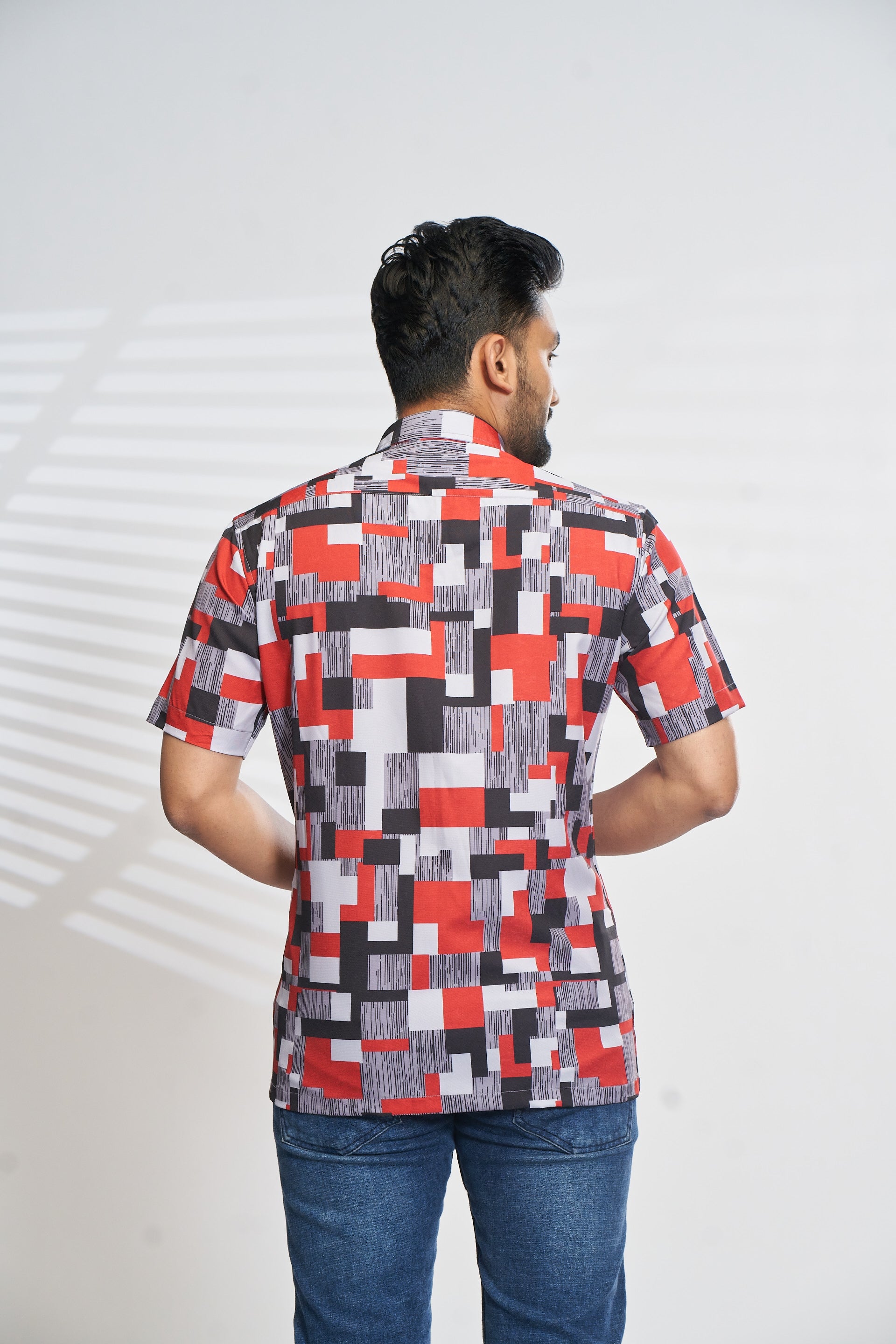 Mensoline Red & Black Abstract Geometric Print Shirt.