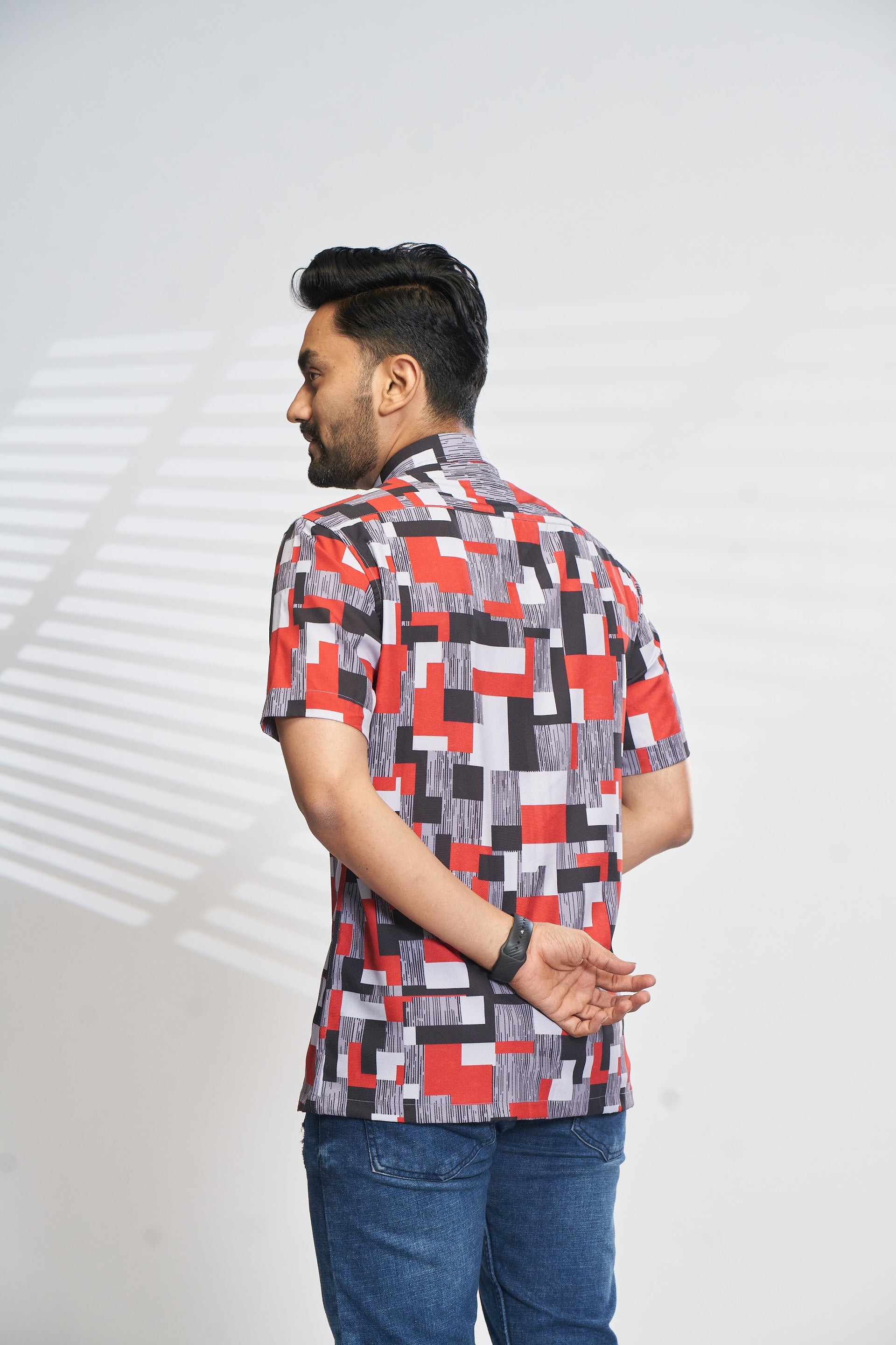 Mensoline Red & Black Abstract Geometric Print Shirt.