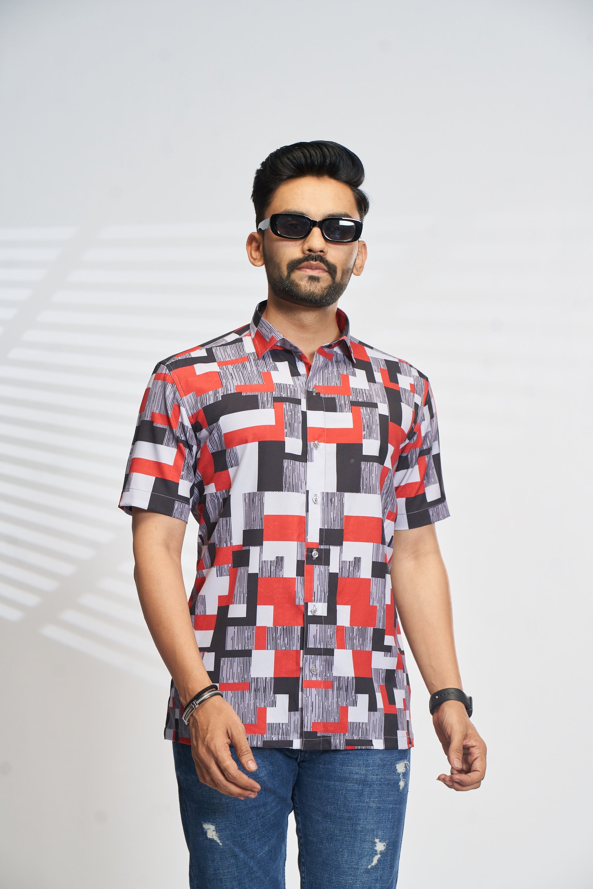 Mensoline Red & Black Abstract Geometric Print Shirt.