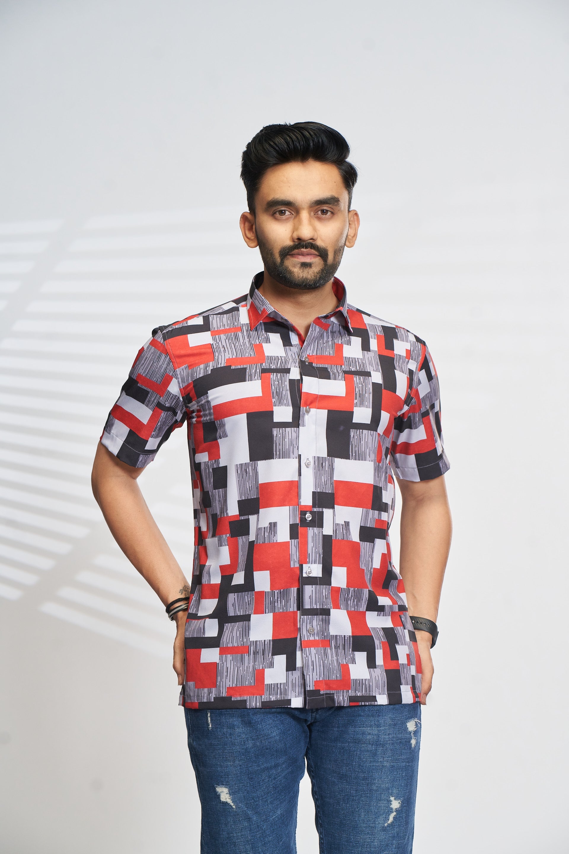 Mensoline Red & Black Abstract Geometric Print Shirt.