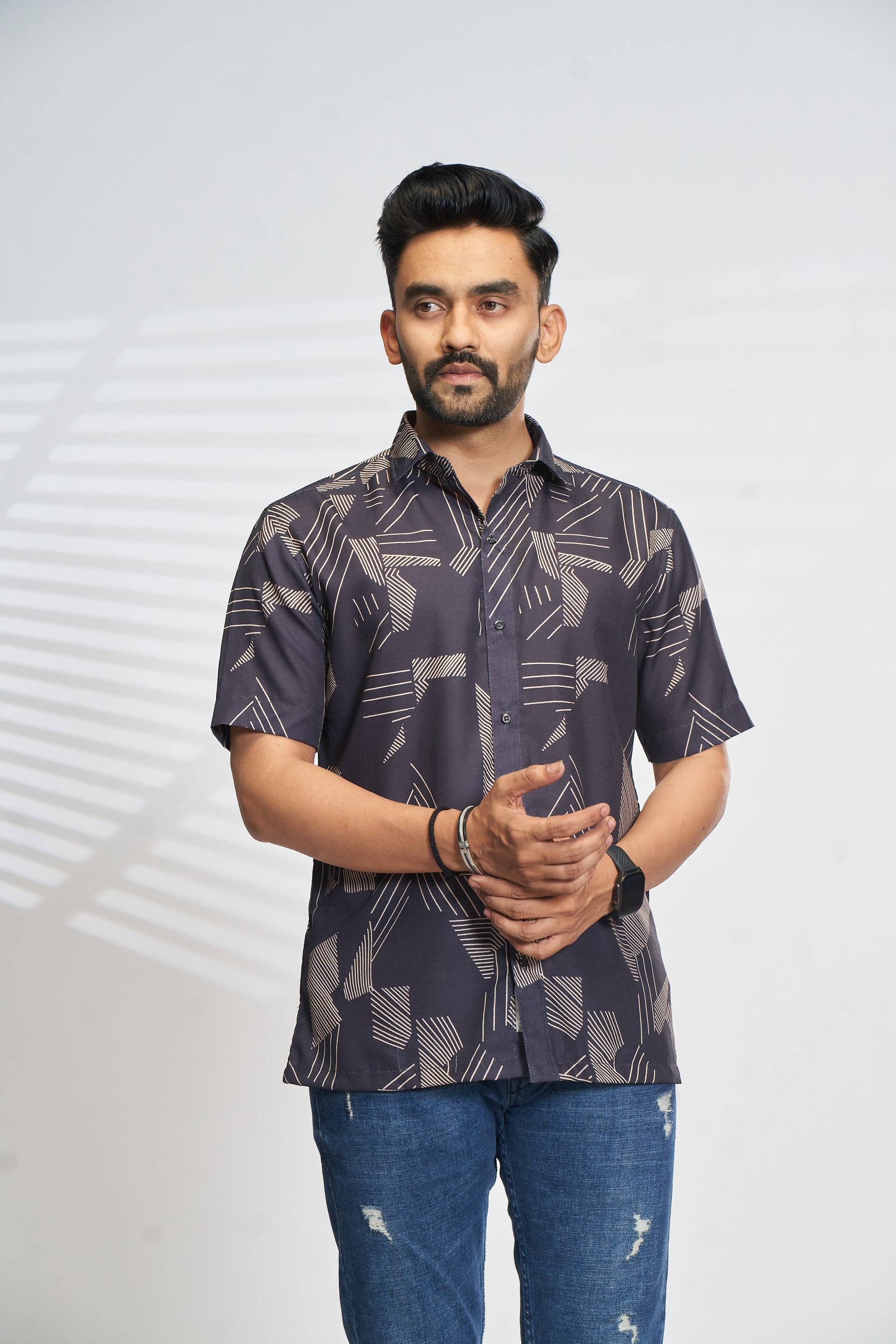 Mensoline Night Graphite Geometric Print Shirt – Sharp, Sleek & Modern.