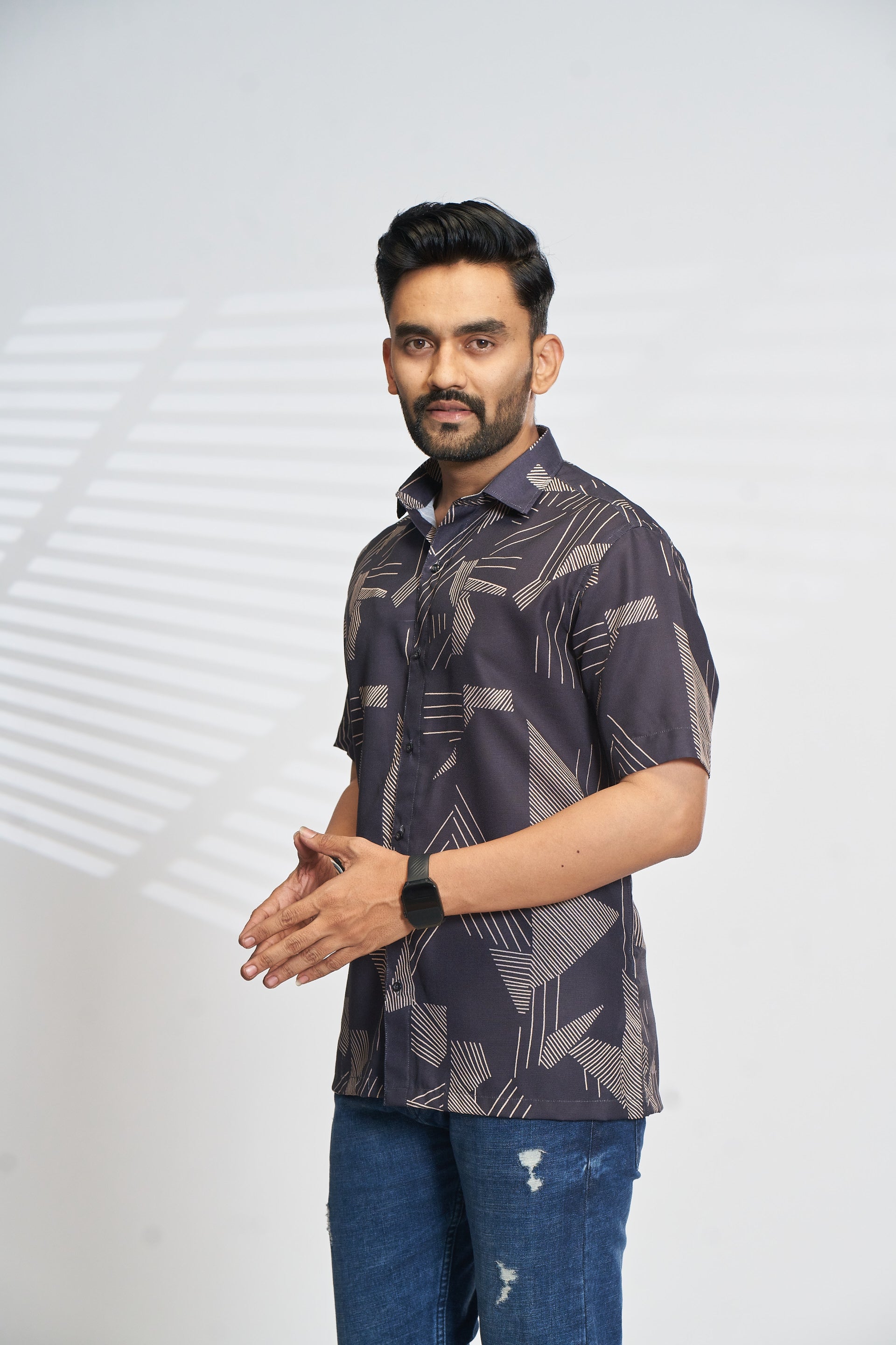 Mensoline Night Graphite Geometric Print Shirt – Sharp, Sleek & Modern.