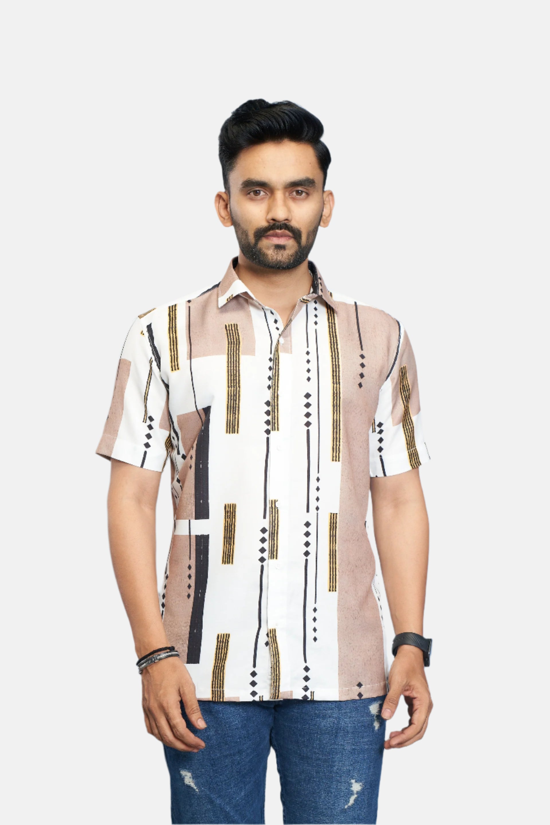 Mensoline Sophisticated Printed Shirt in Natural Tones for the Style-Savvy Modern Man.