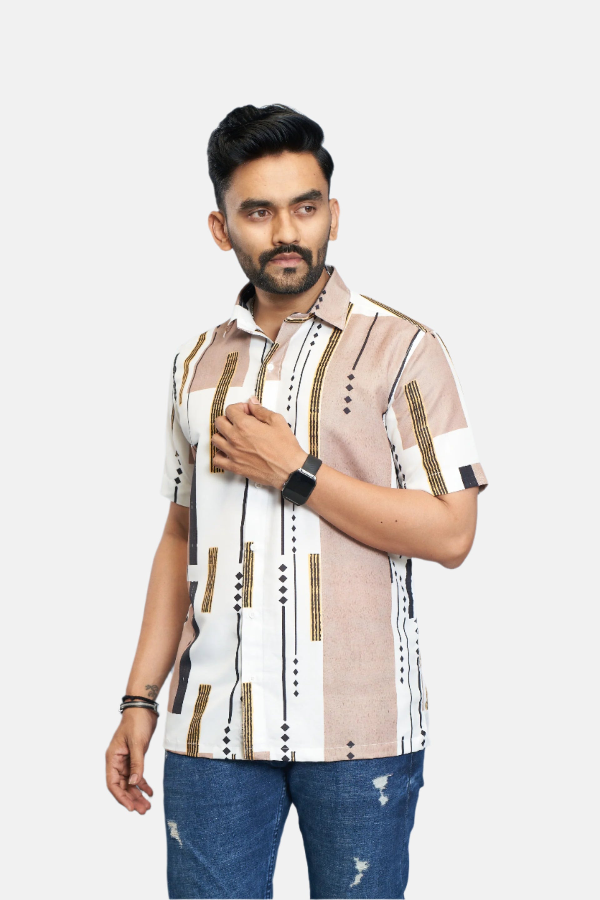 Mensoline Sophisticated Printed Shirt in Natural Tones for the Style-Savvy Modern Man.