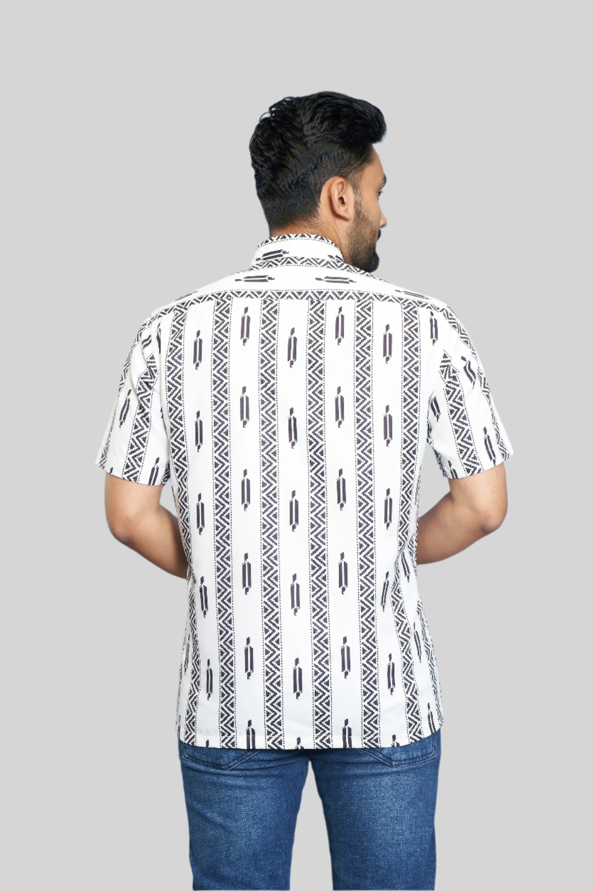 Mensoline Men's White & Black Tribal Stripe Printed Short Sleeve Casual Shirt.