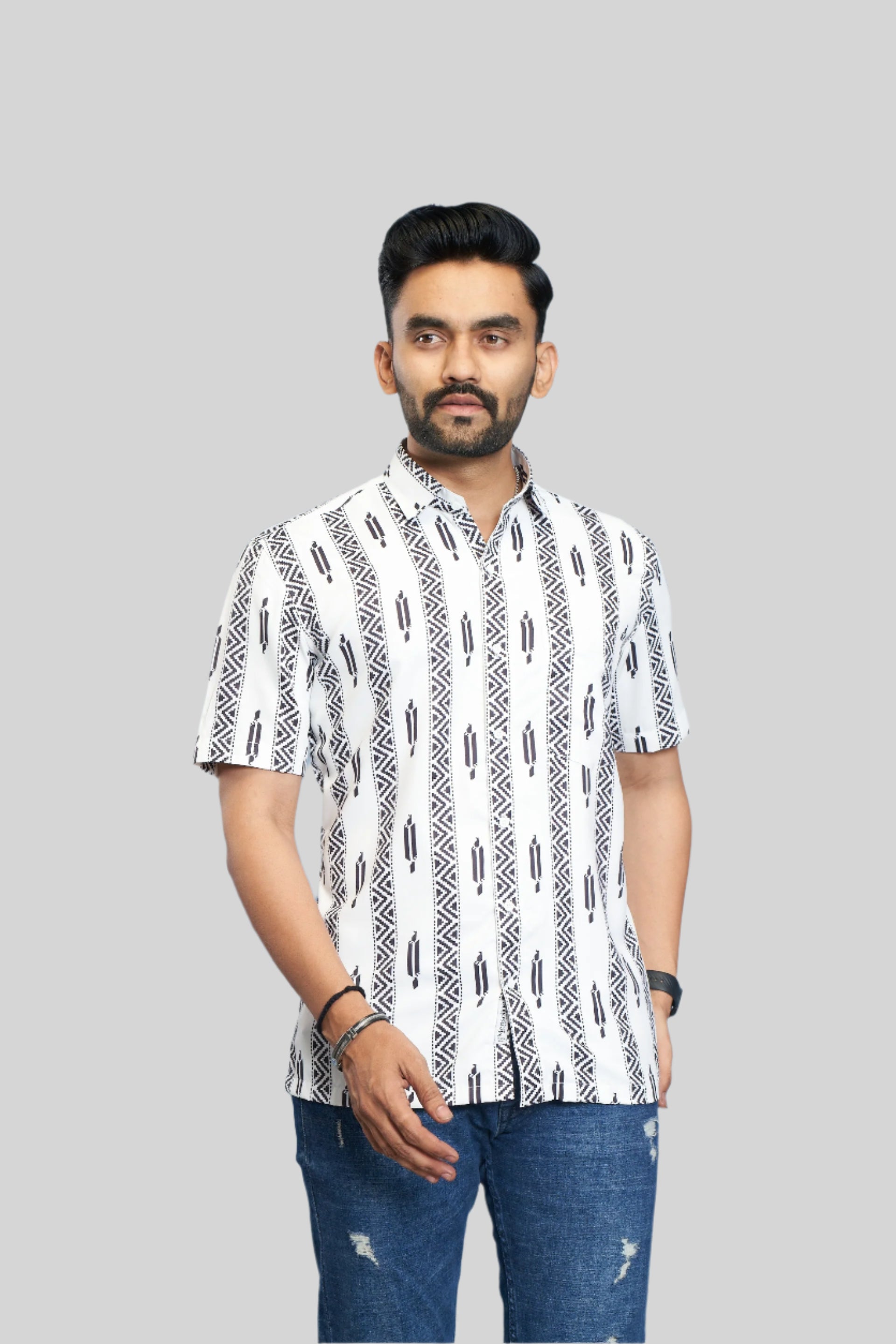Mensoline Men's White & Black Tribal Stripe Printed Short Sleeve Casual Shirt.