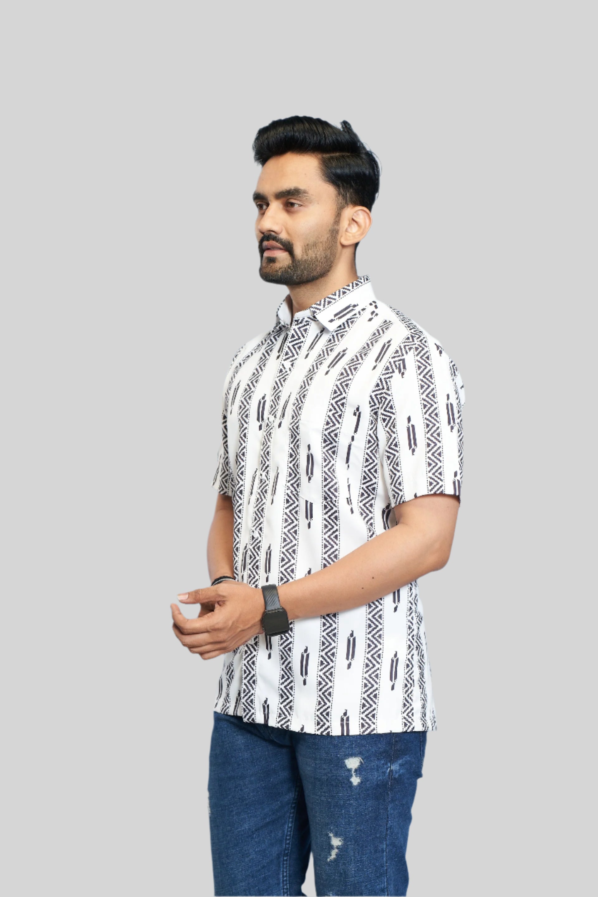 Mensoline Men's White & Black Tribal Stripe Printed Short Sleeve Casual Shirt.