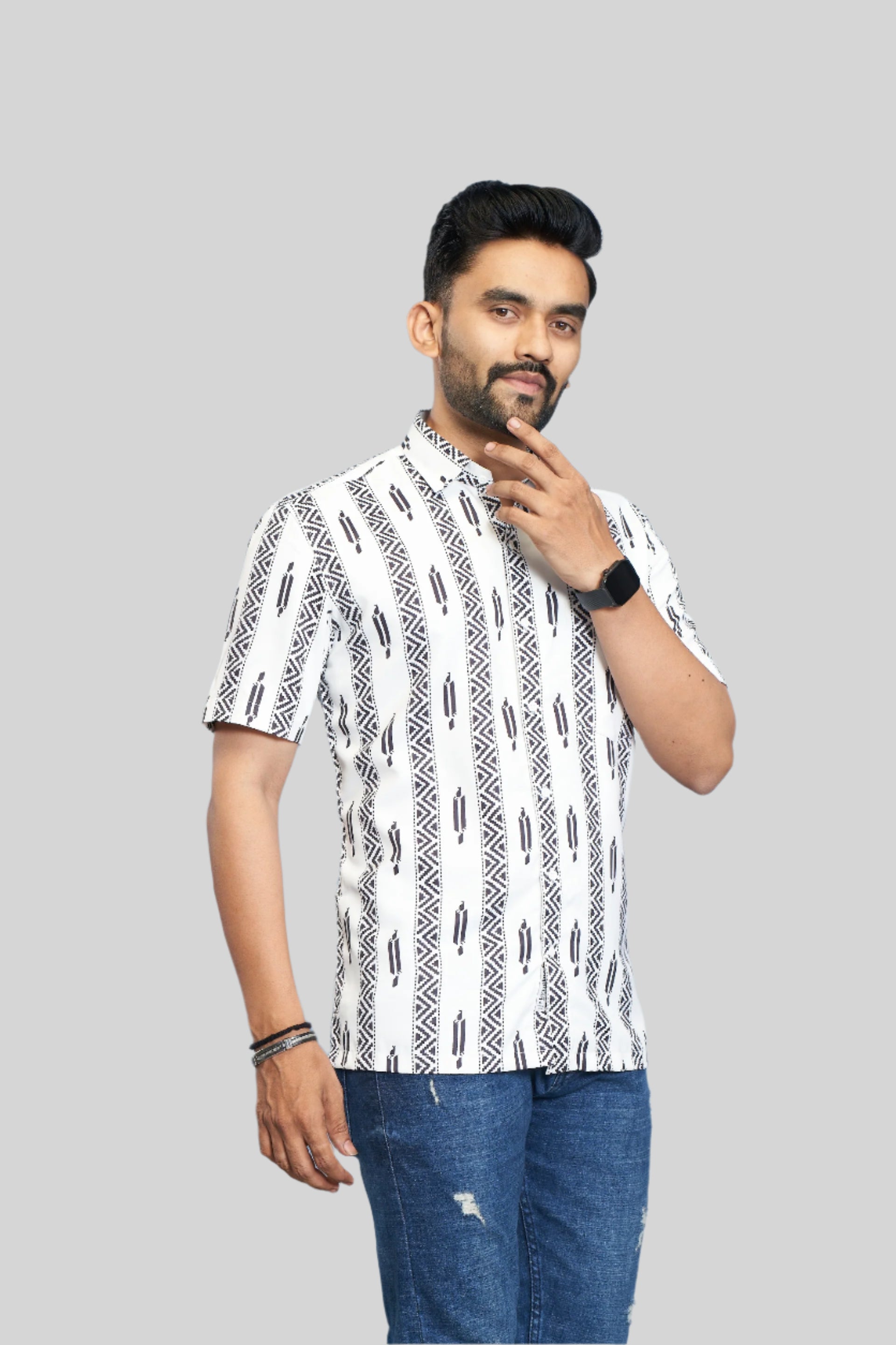 Mensoline Men's White & Black Tribal Stripe Printed Short Sleeve Casual Shirt.