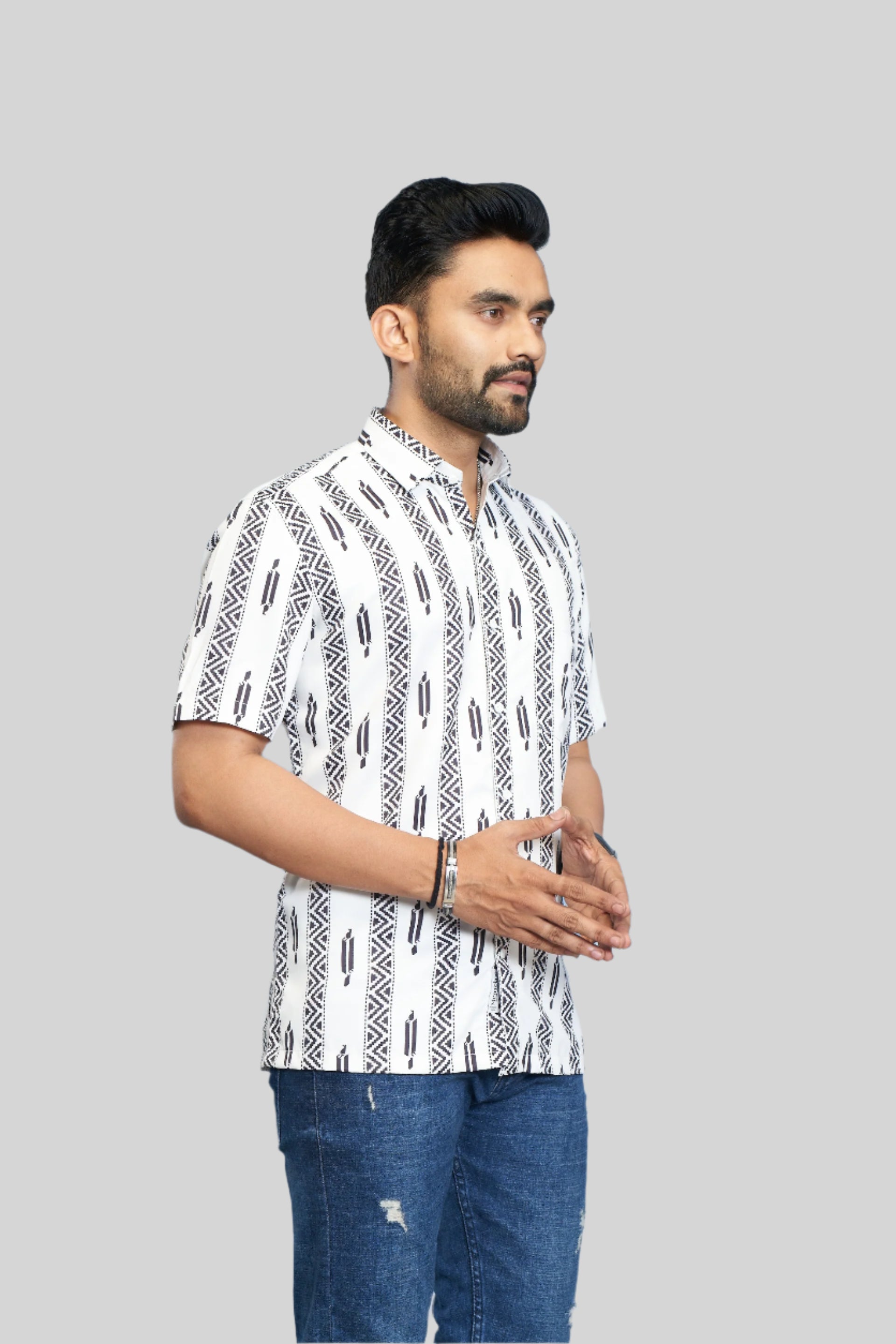 Mensoline Men's White & Black Tribal Stripe Printed Short Sleeve Casual Shirt.