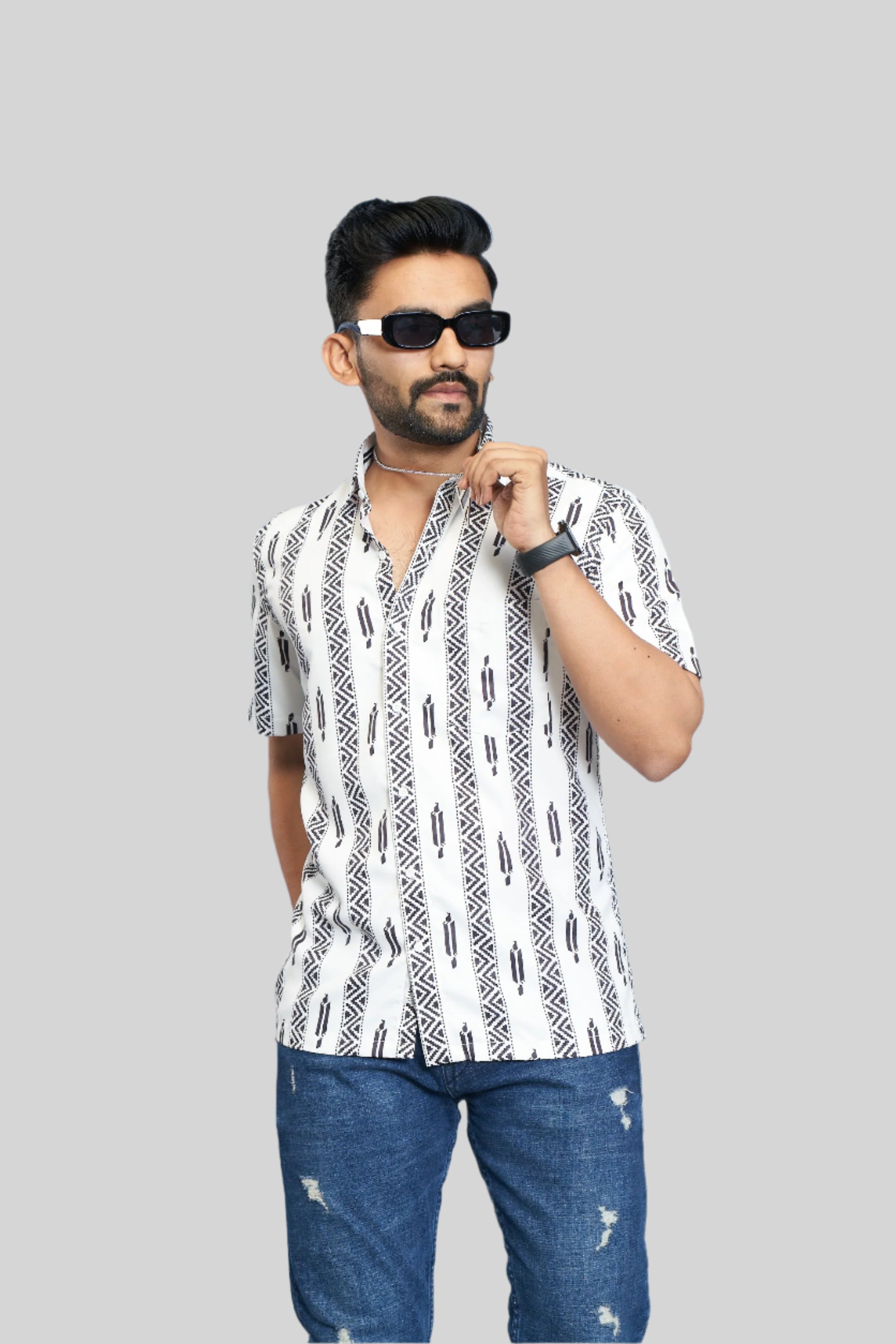 Mensoline Men's White & Black Tribal Stripe Printed Short Sleeve Casual Shirt.