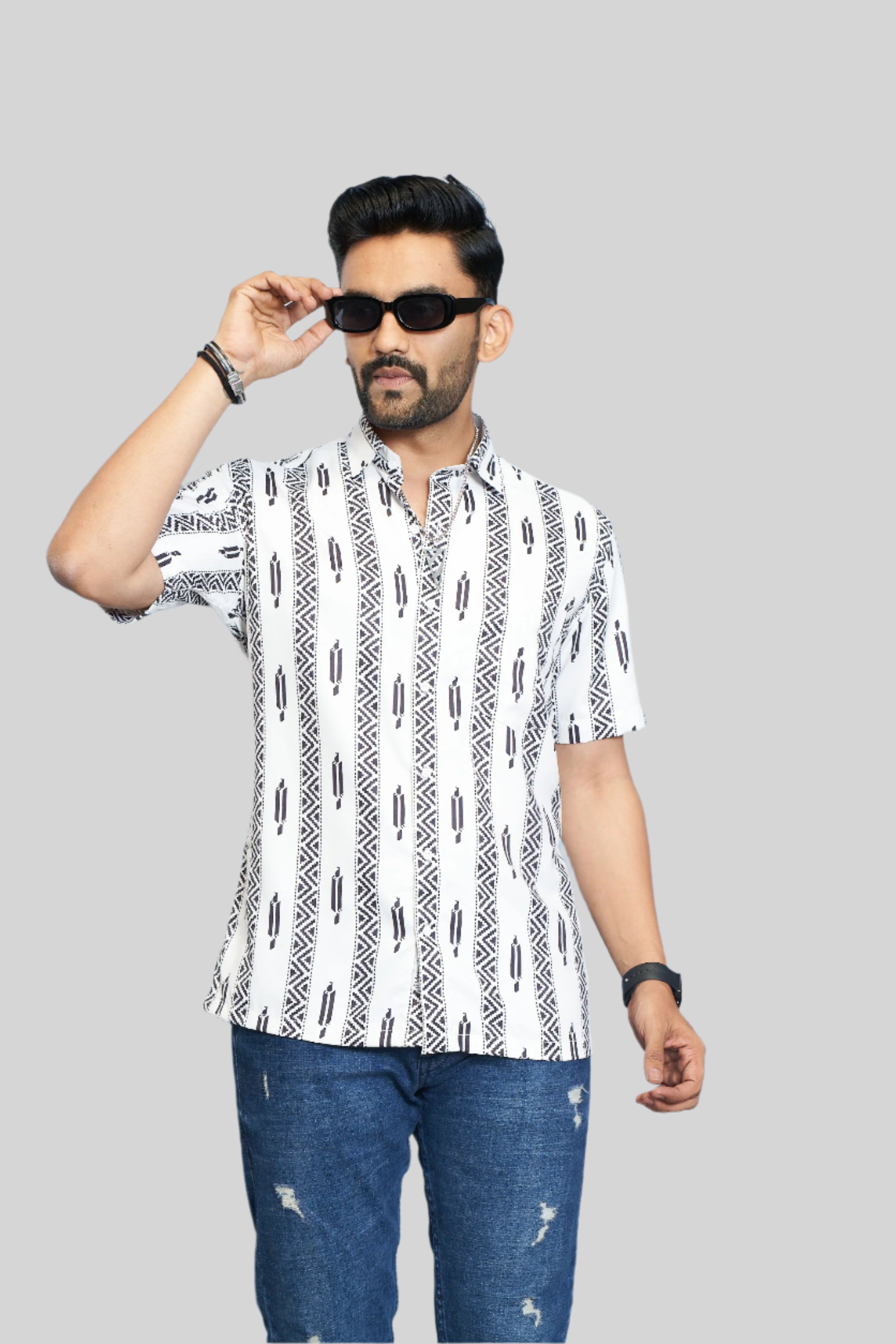 Mensoline Men's White & Black Tribal Stripe Printed Short Sleeve Casual Shirt.