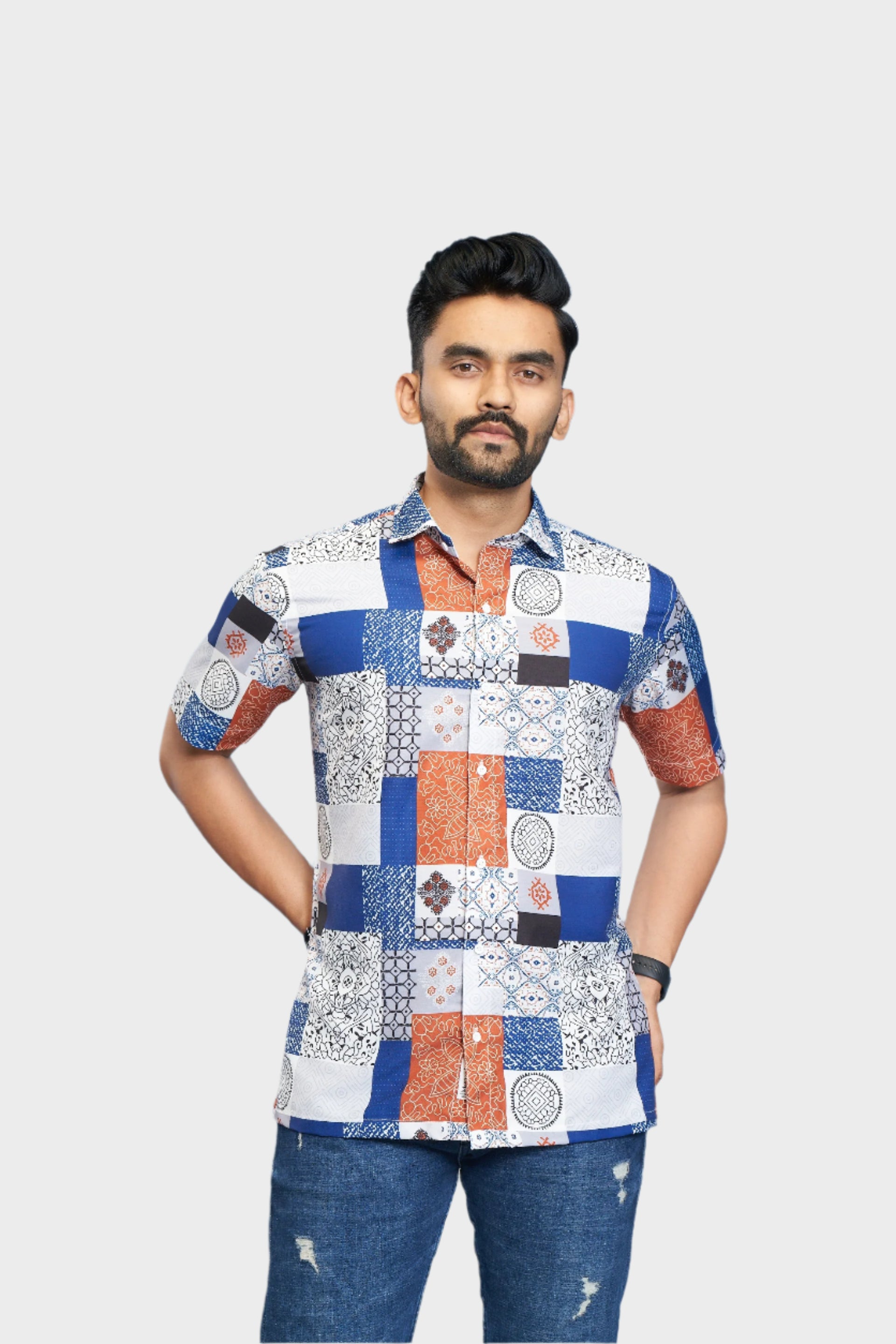 Mensoline Men's Premium Cotton Blend Patchwork Print Shirt.