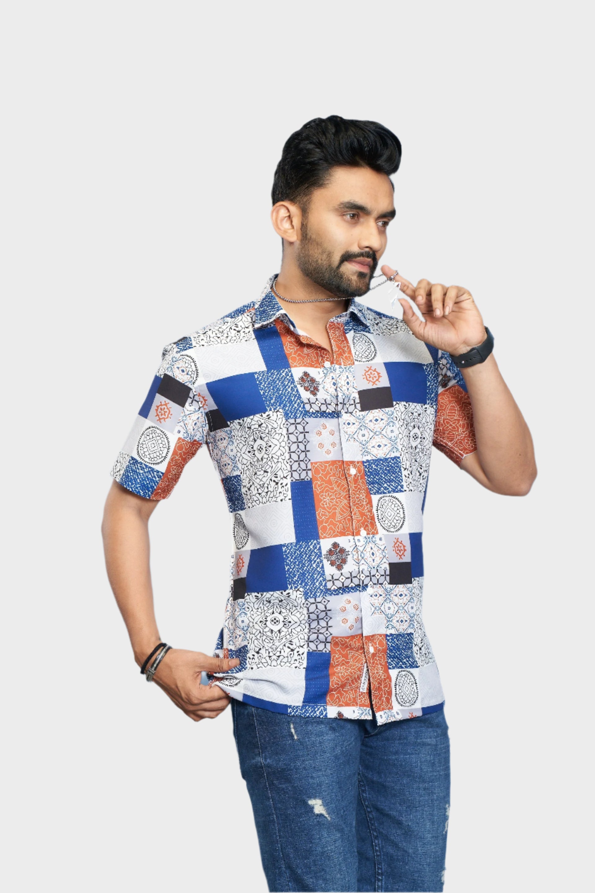 Mensoline Men's Premium Cotton Blend Patchwork Print Shirt.