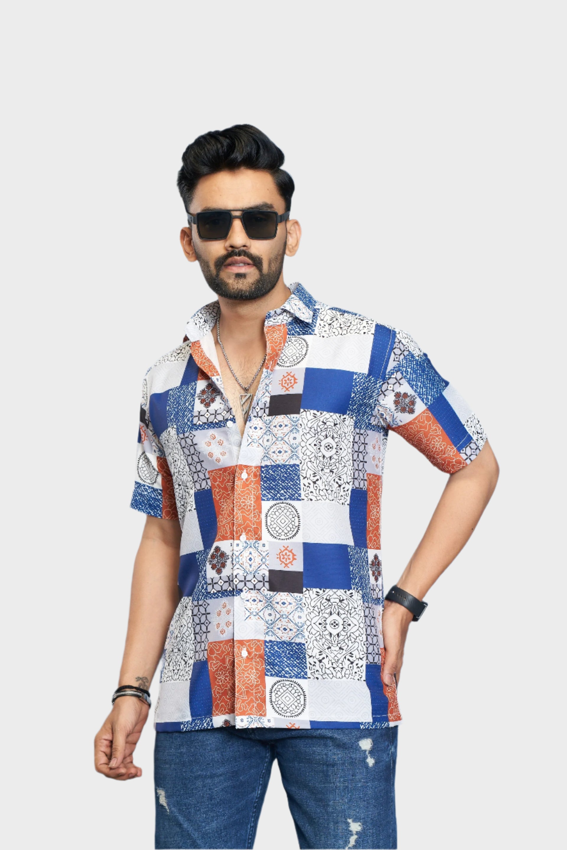 Mensoline Men's Premium Cotton Blend Patchwork Print Shirt.