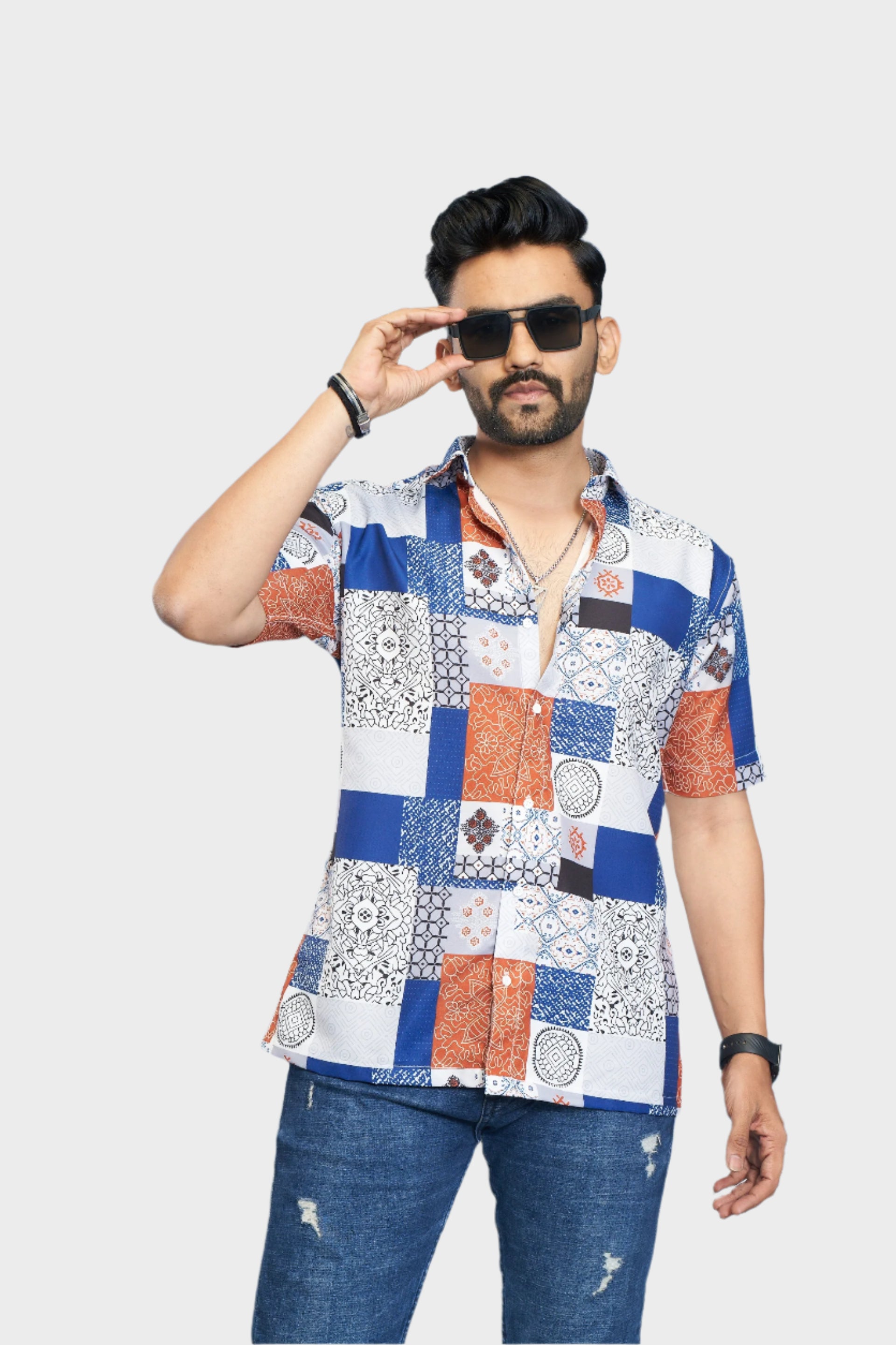 Mensoline Men's Premium Cotton Blend Patchwork Print Shirt.