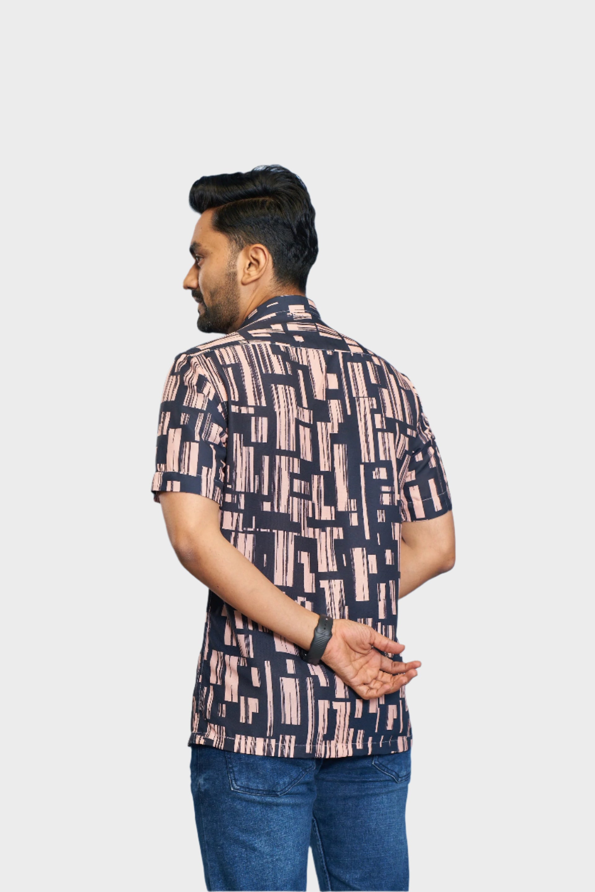 Mensoline Men's Abstract Printed Navy & Peach Casual Shirt – Premium Cotton Blend.