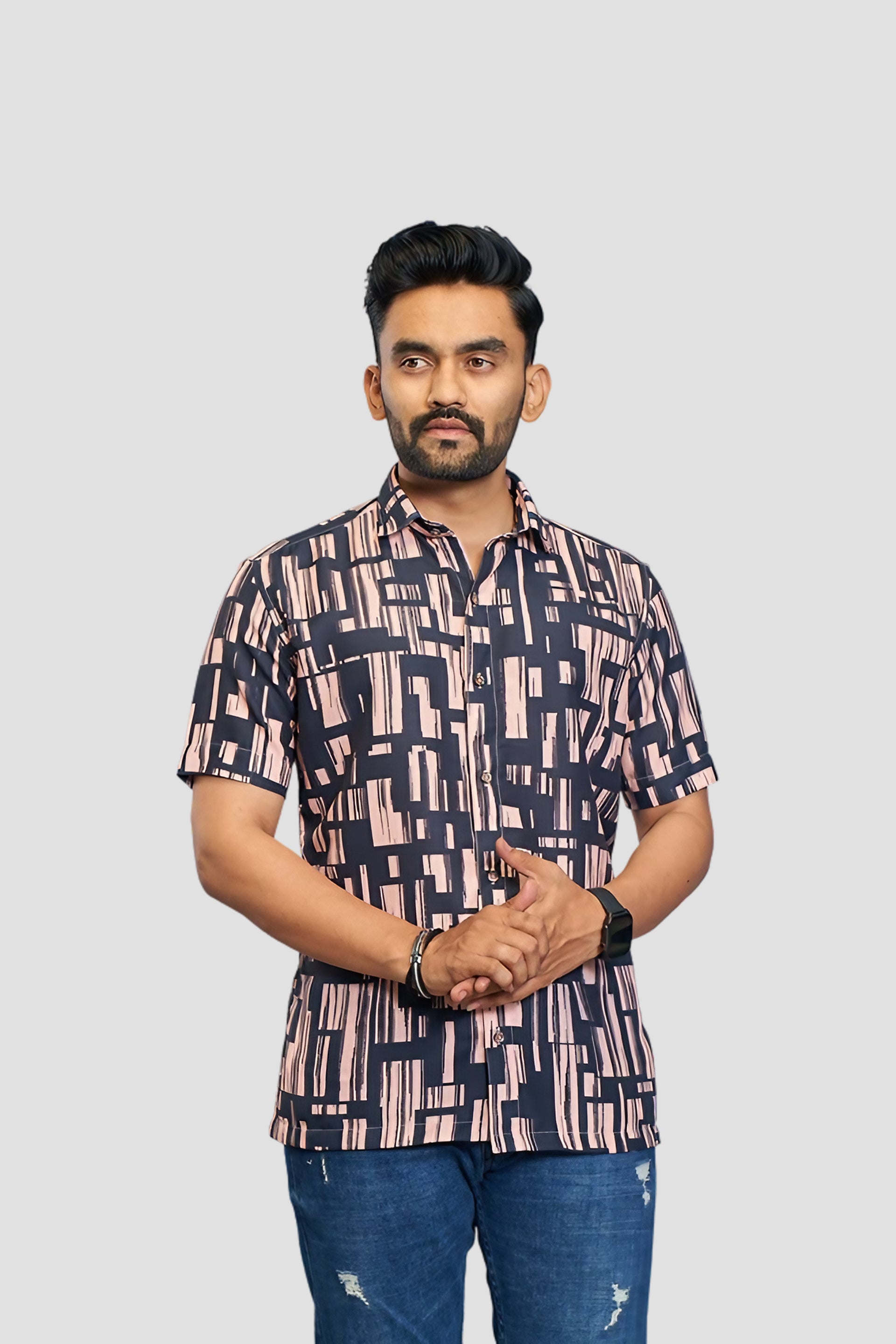 Mensoline Men's Abstract Printed Navy & Peach Casual Shirt – Premium Cotton Blend.