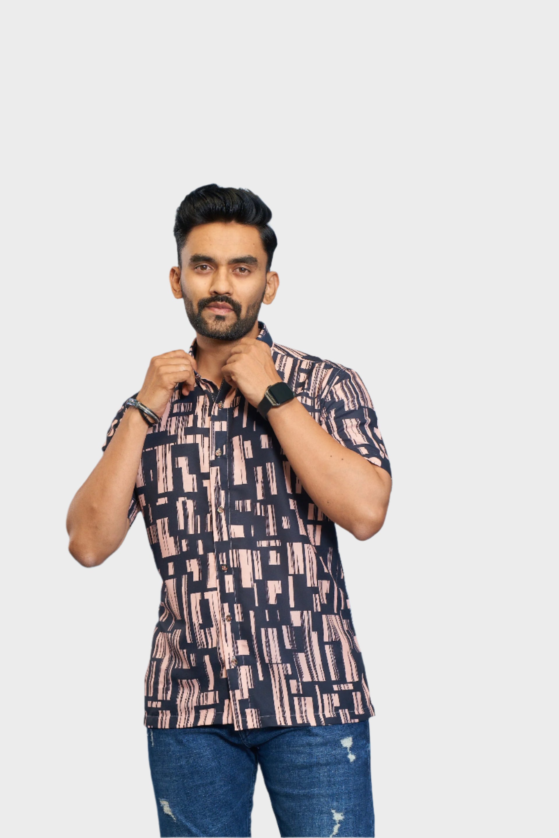 Mensoline Men's Abstract Printed Navy & Peach Casual Shirt – Premium Cotton Blend.