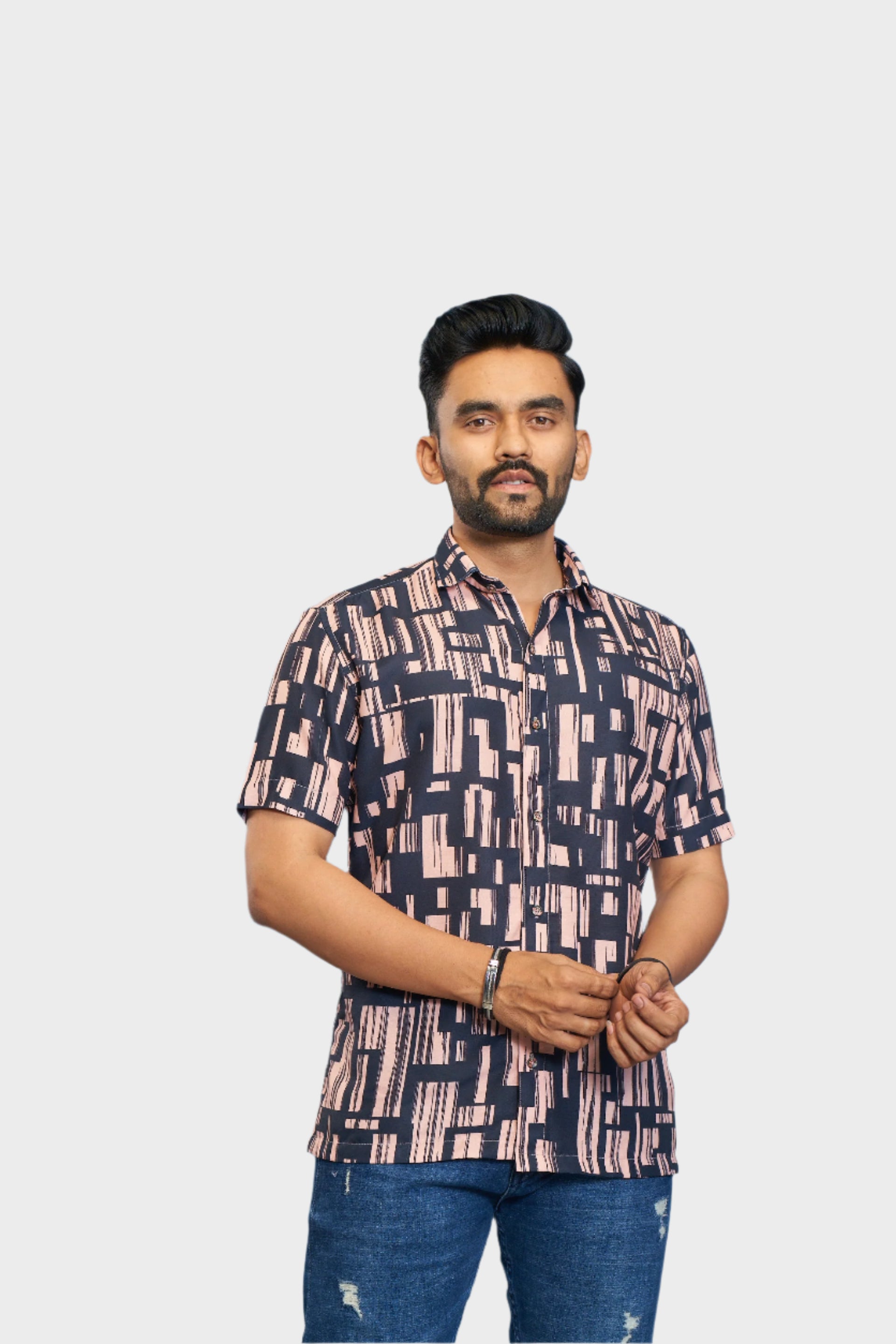 Mensoline Men's Abstract Printed Navy & Peach Casual Shirt – Premium Cotton Blend.