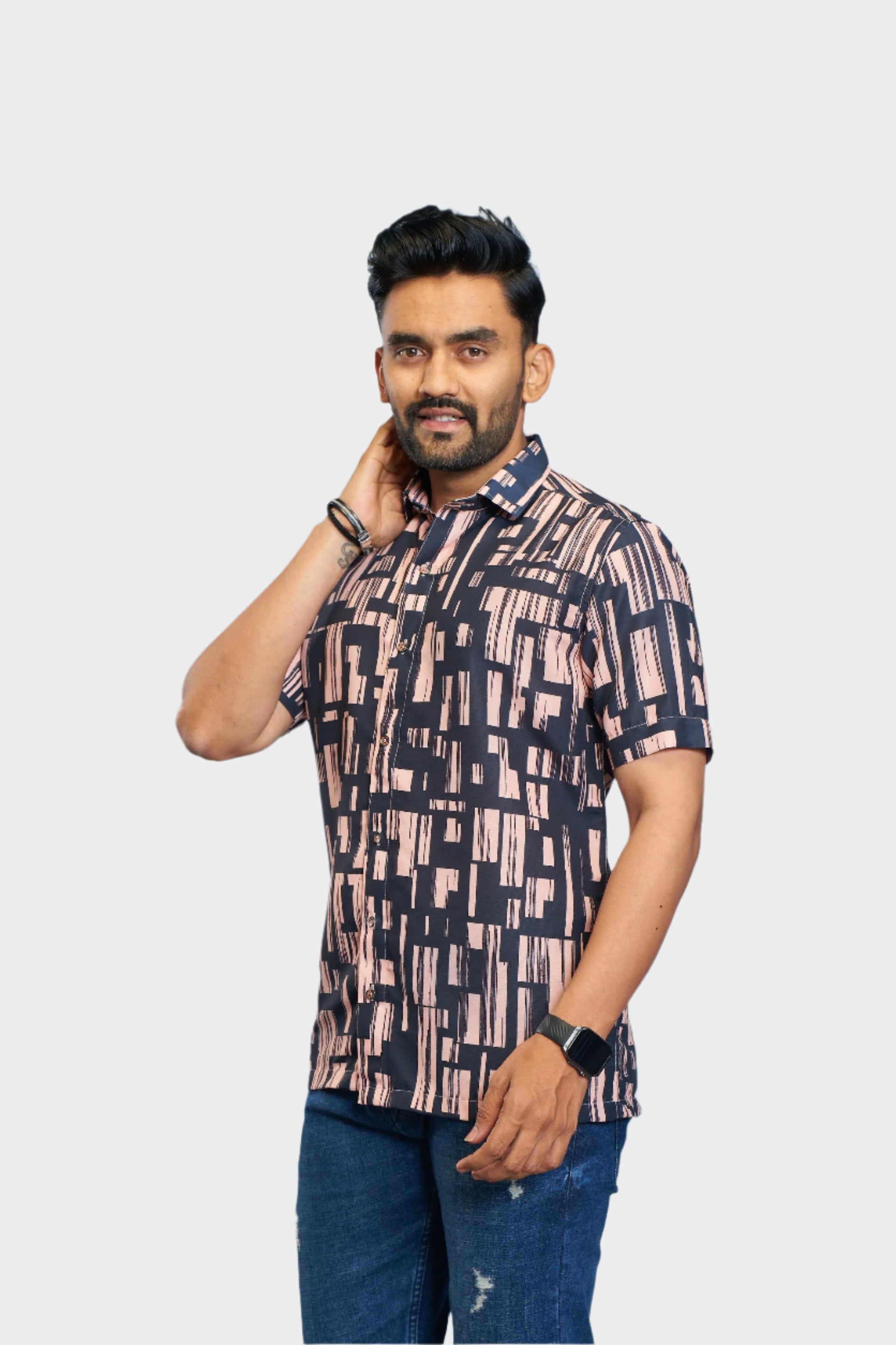 Mensoline Men's Abstract Printed Navy & Peach Casual Shirt – Premium Cotton Blend.