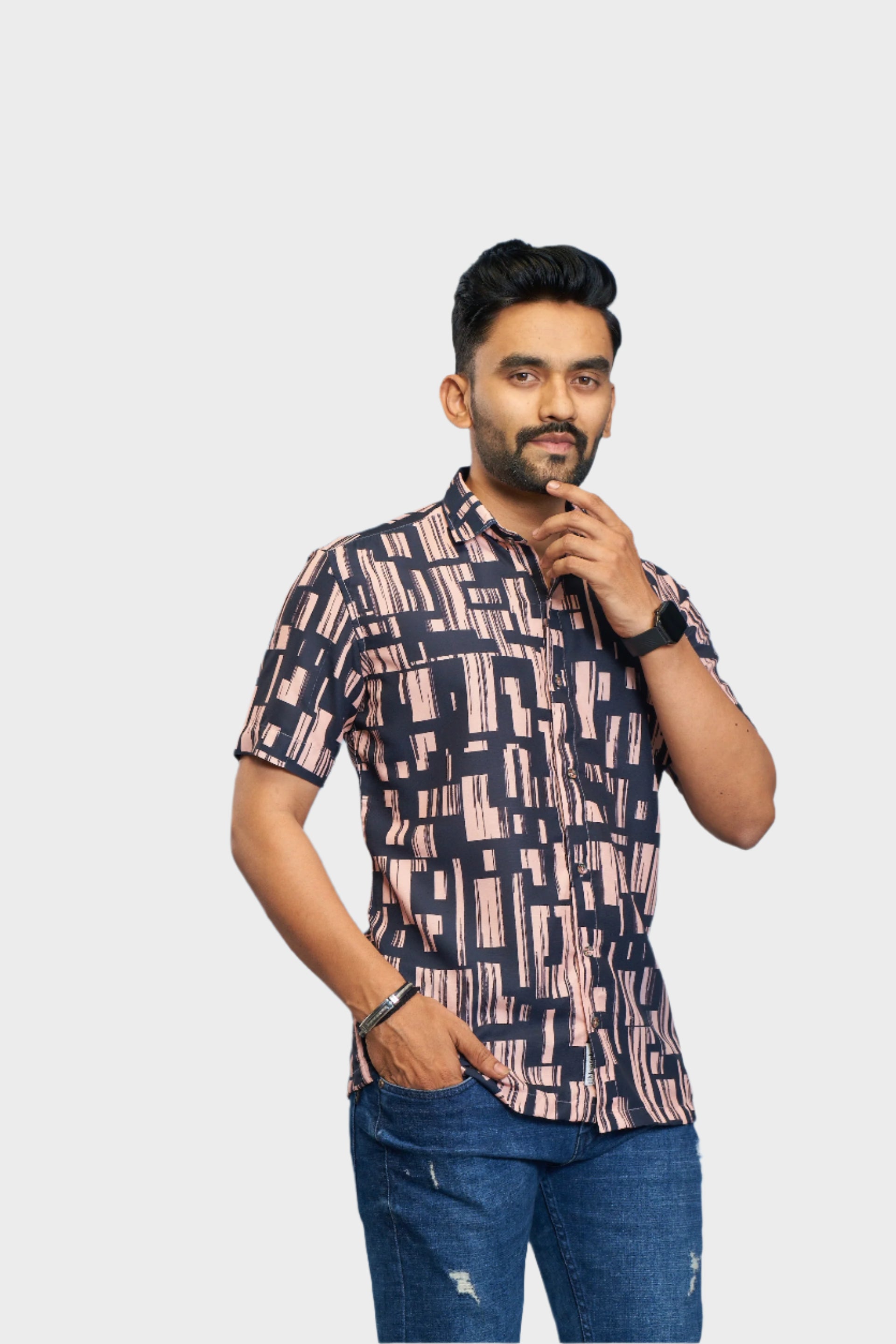 Mensoline Men's Abstract Printed Navy & Peach Casual Shirt – Premium Cotton Blend.