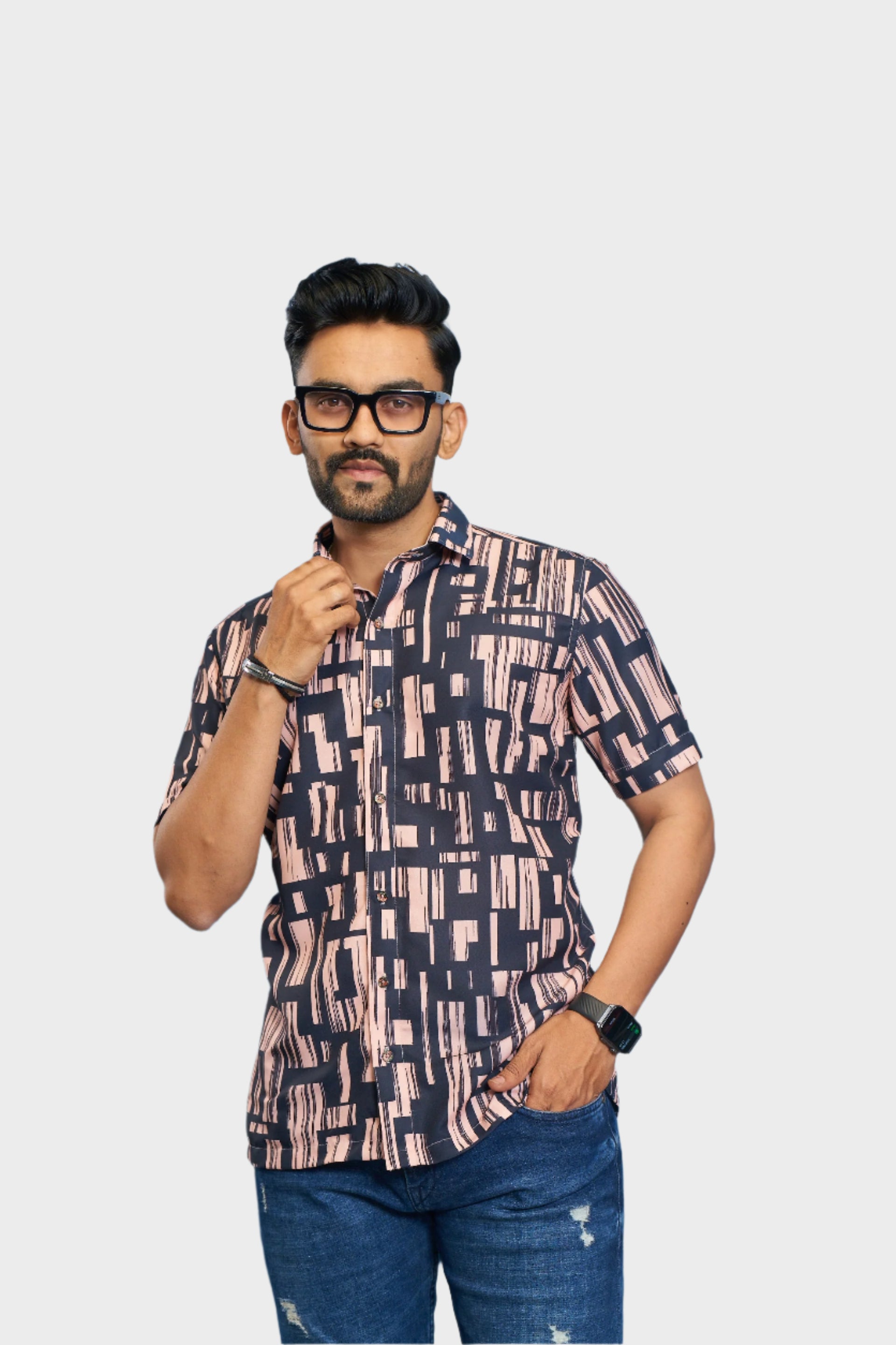 Mensoline Men's Abstract Printed Navy & Peach Casual Shirt – Premium Cotton Blend.